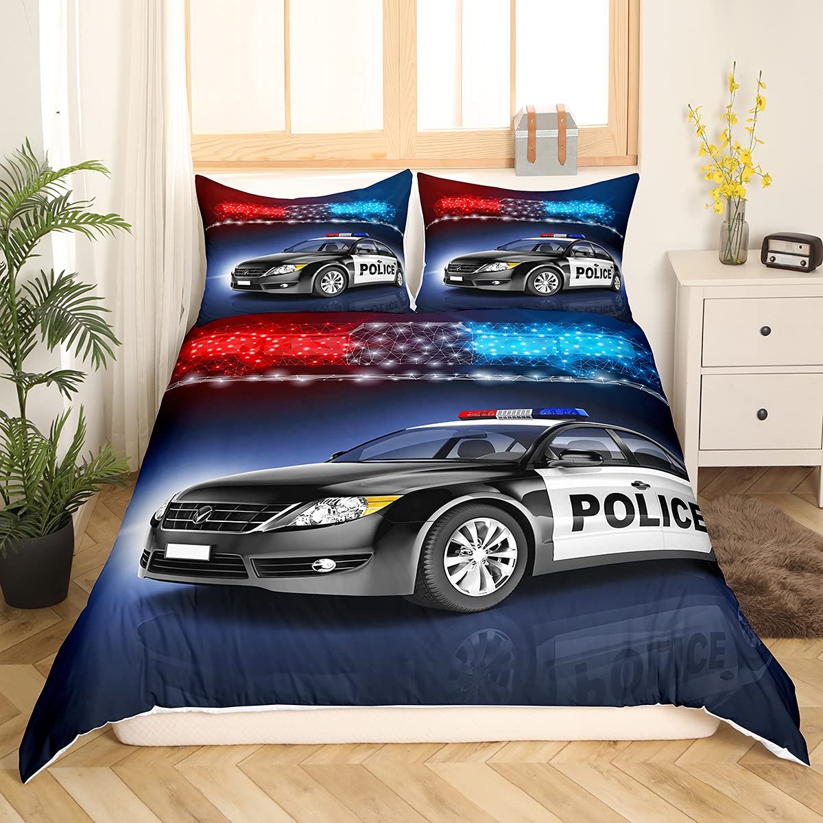 Homewish Boys Police Car Bedding Set Double Size,Kids Black Policeman Car Duvet Cover - Image 3