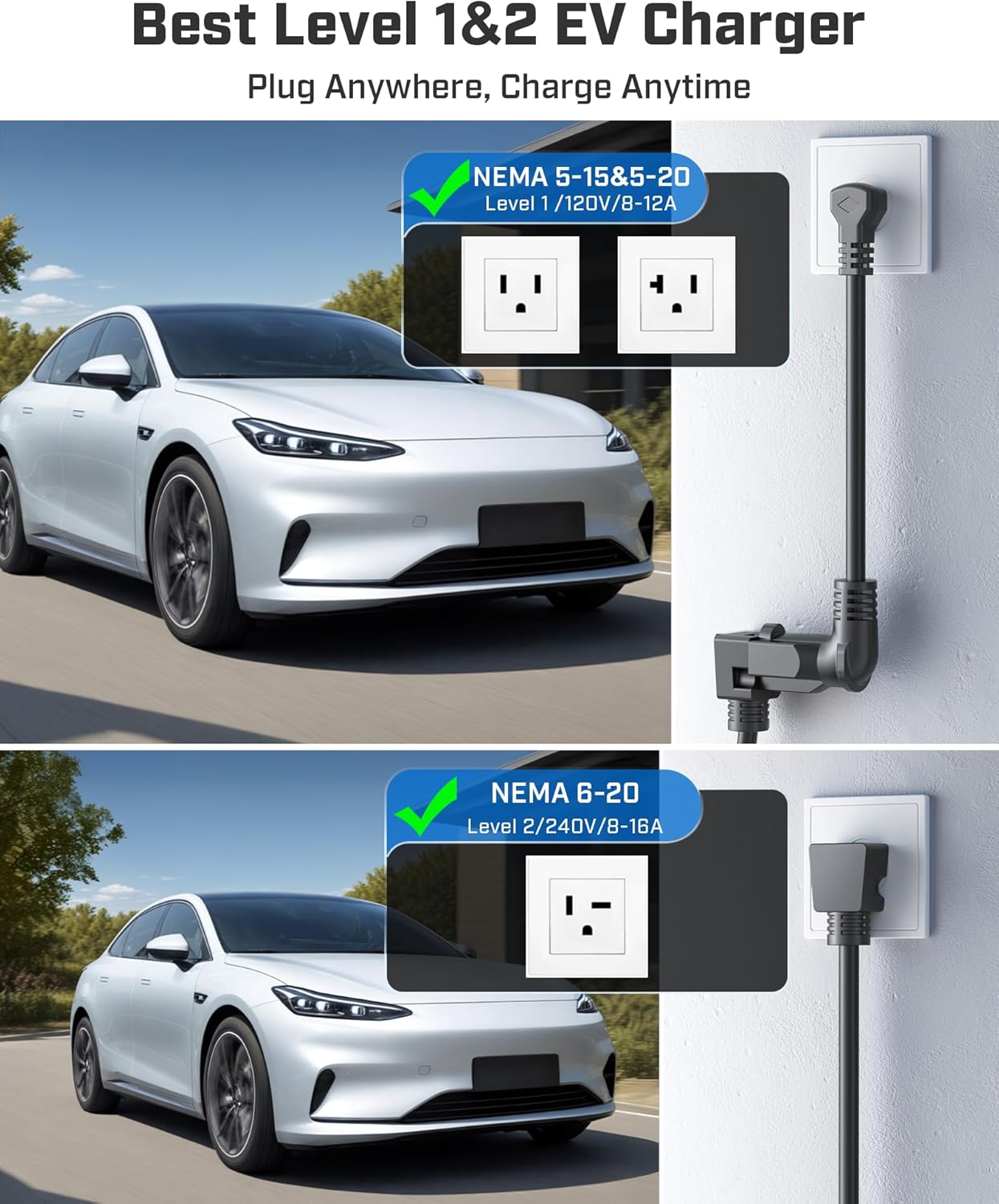 2026 Upgraded Level 1&2 Portable EV Charger, 8-16Amp Adjustable Current & Timer, 110V–240V, NEMA 5-15 & 6-20 Plug, 21Ft EV Charging Cable, J1772 Electric Car Charger for All PHEV/EV Charging Cord
