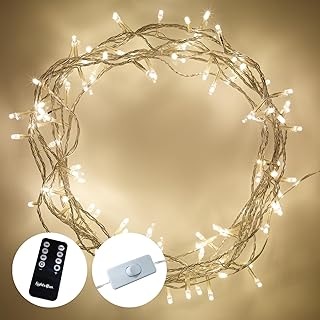 Lights4fun 8m String Lights 100 LED Warm White Fairy Lights Clear Cable with Rocker Switch Plug in Mains Powered Remote Control and Timer Indoor Bedroom Party Wedding Decoration