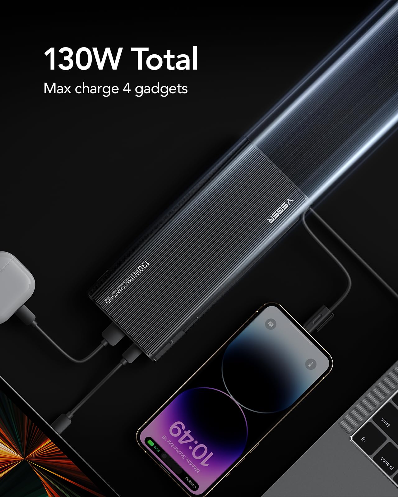 VEGER 130W Power Bank, 25000mAh Ricarica Rapida Caricatore Portatile Cavo USB C Integrato 4 Uscite con LED Display Digitale Batteria Esterna compatibile con Laptop/MacBook/iPad/iPhone/Huawei (Nero)