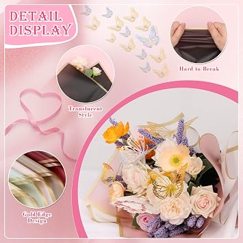 Thrilez 187PCS Flower Bouquet Wrapping Paper Kit Includes 40 Floral Paper, 24 Butterflies, 100 Bouquet Pins, 3 Ribbons and 20 Greeting Cards for Mother's Day Wedding Baby Shower Graduation