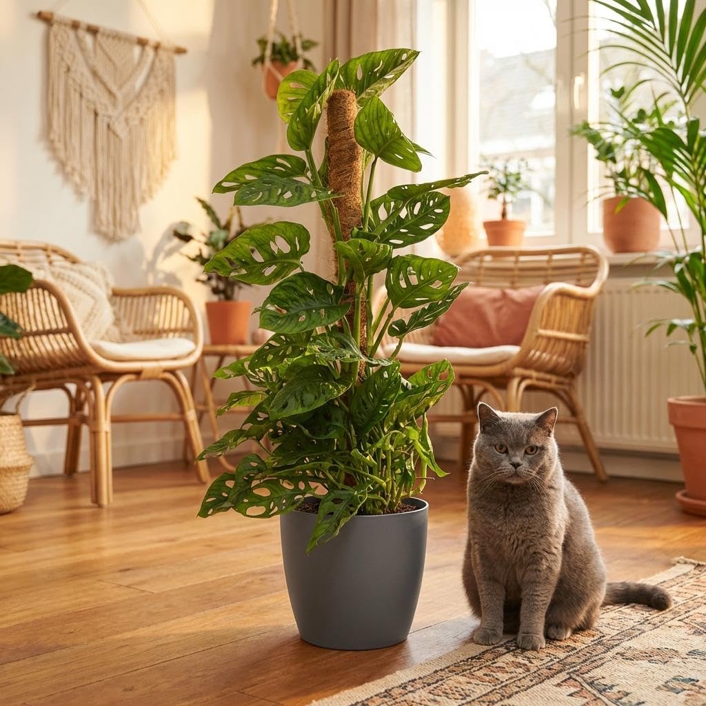 Green boutiQ - Zimmerpflanze - Monkey Mask - Monstera Adansonii Moosstab - Grün - Pflegeleicht - 1 Pflanze - mit Potter Grau - Topf 19cm - Höhe 90cm