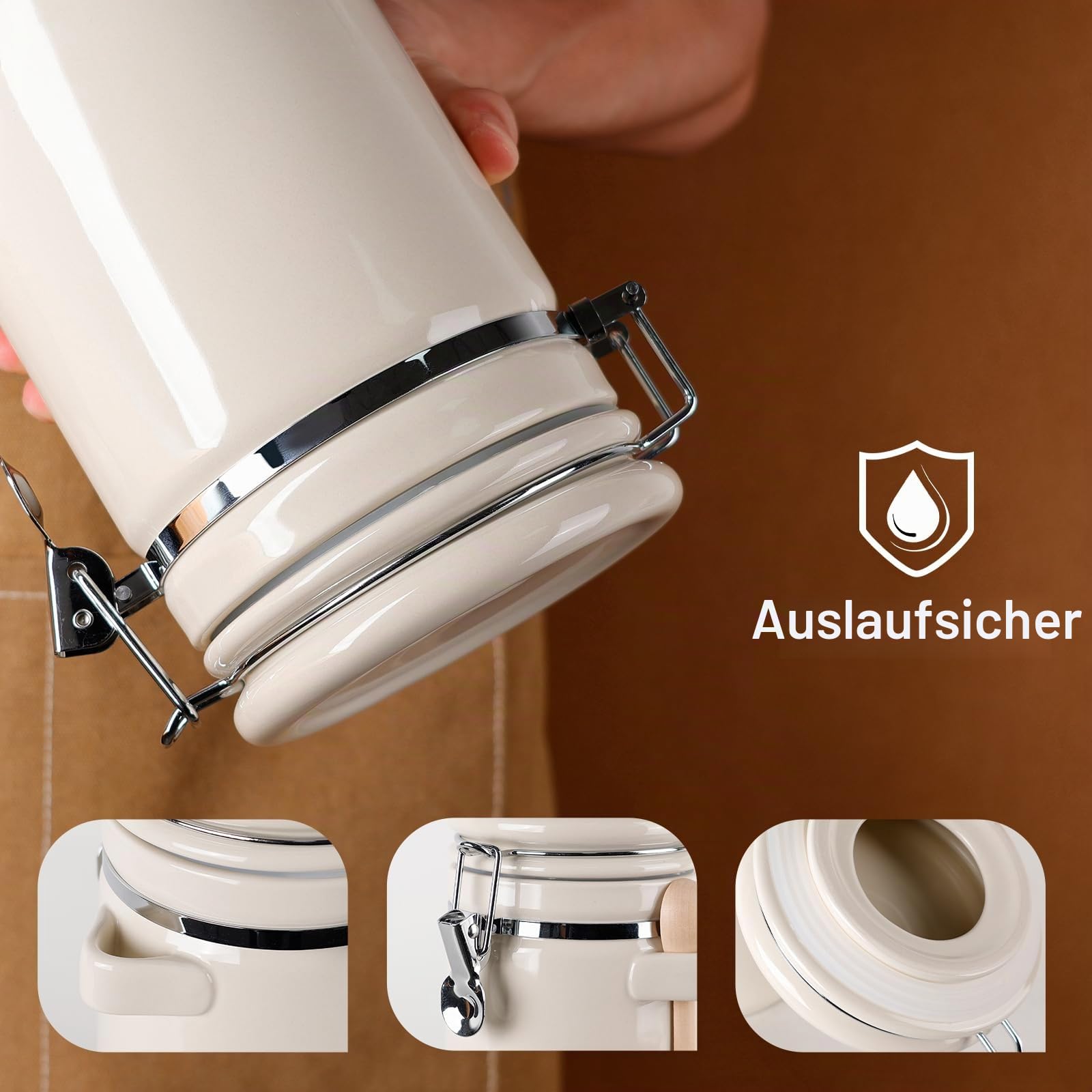 ZEEBERBO 4 Stück Keramik Vorratsdosen Set, Luftdichte Küchen Kanister mit Metallverschluss, Holzlöffel, Kreideetiketten & Marker Für Zucker Kaffee Mehl Tee Vorratsaufbewahrung (Beige)