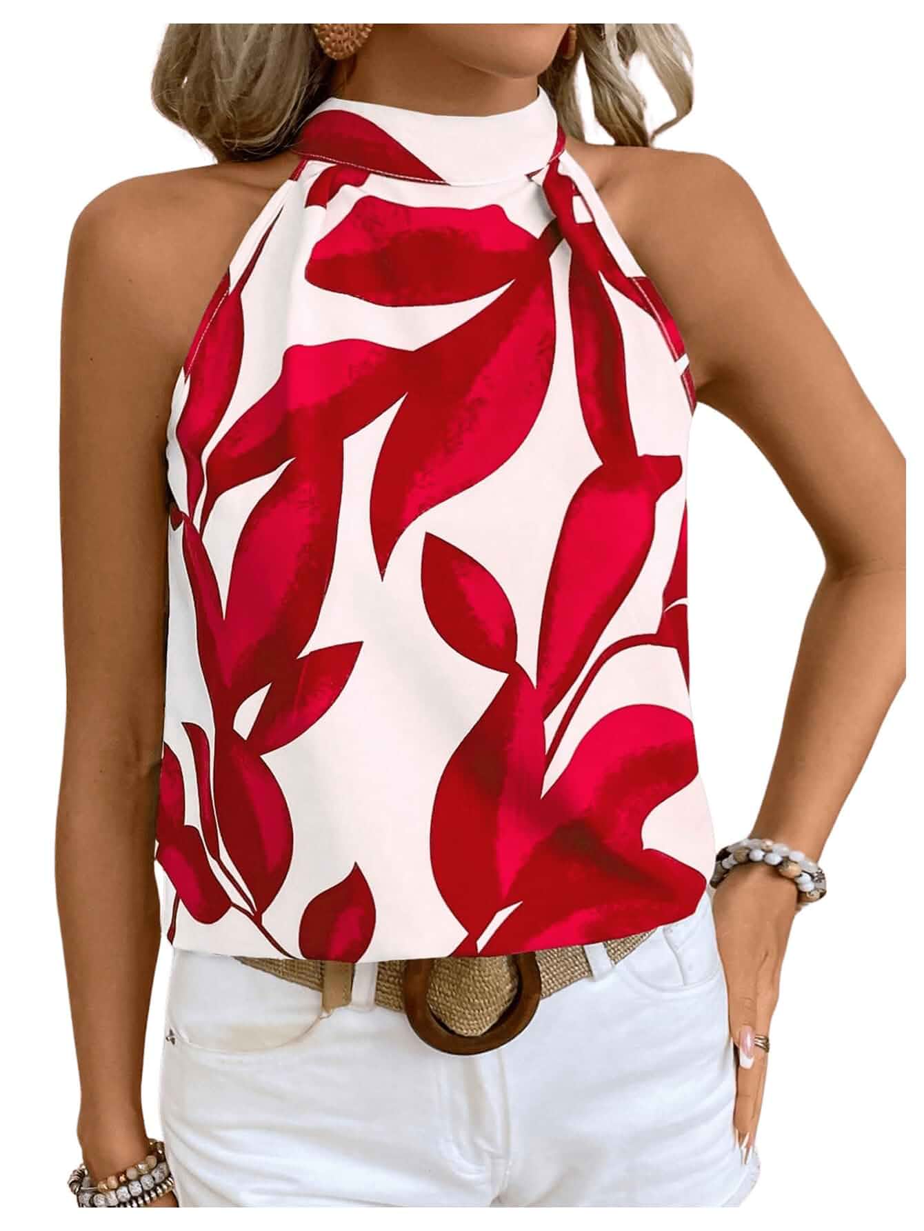 SweatyRocks Women's Boho Printed Halter Top Tie Mock Neck Sleeveless Blouse Bow Tie Back, Tropical Sleeveless Blouse, Vacation Outfits, Summer, Dressy Halter Shirts