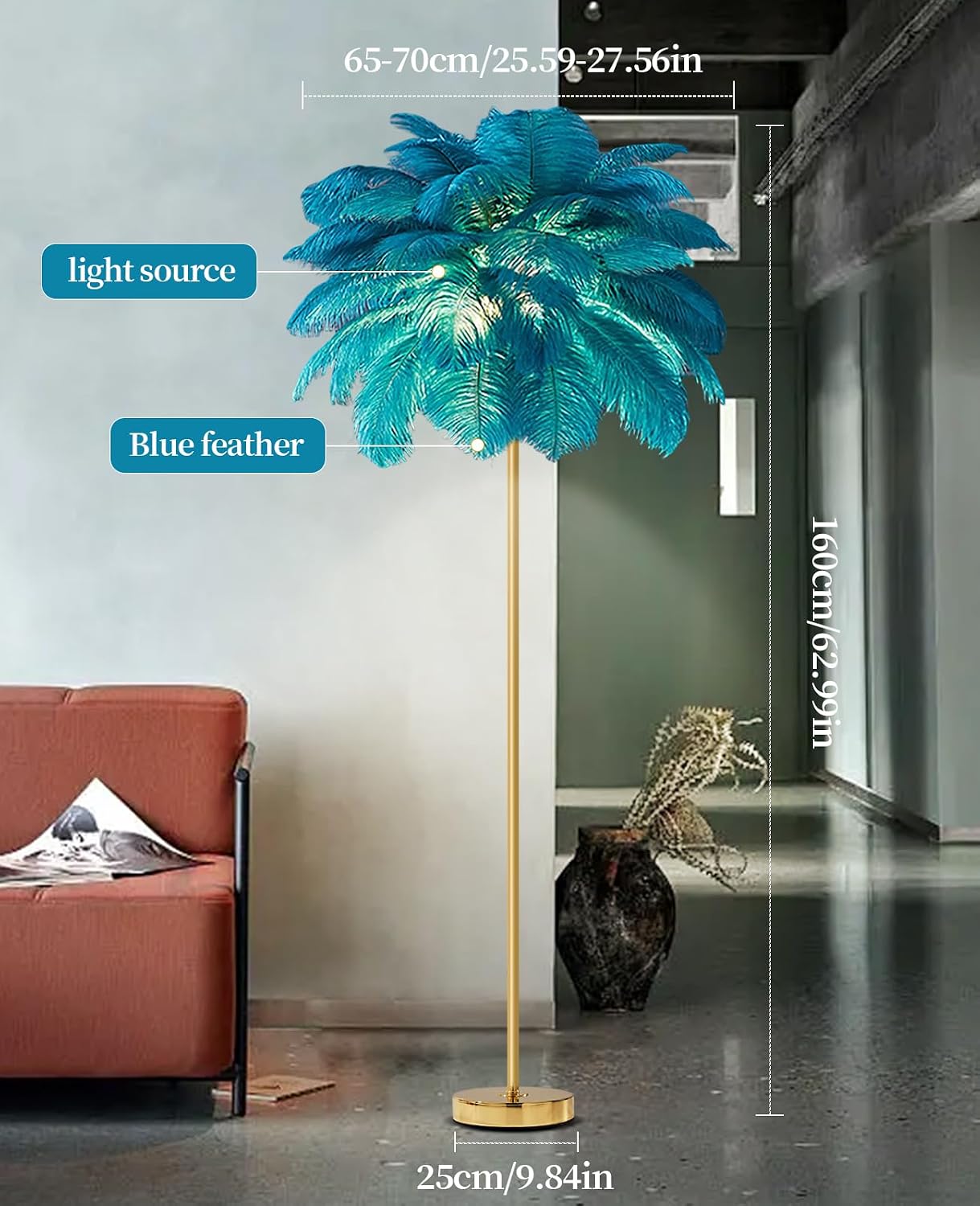 Ostrich Feather lamp, Standing lamp with Golden Finish, dimmable with Foot Switch, Bedroom Standing lamp, Decorative lamp for Living Room Bedroom Office Shop Window, G4-LED Bulb (Blue)