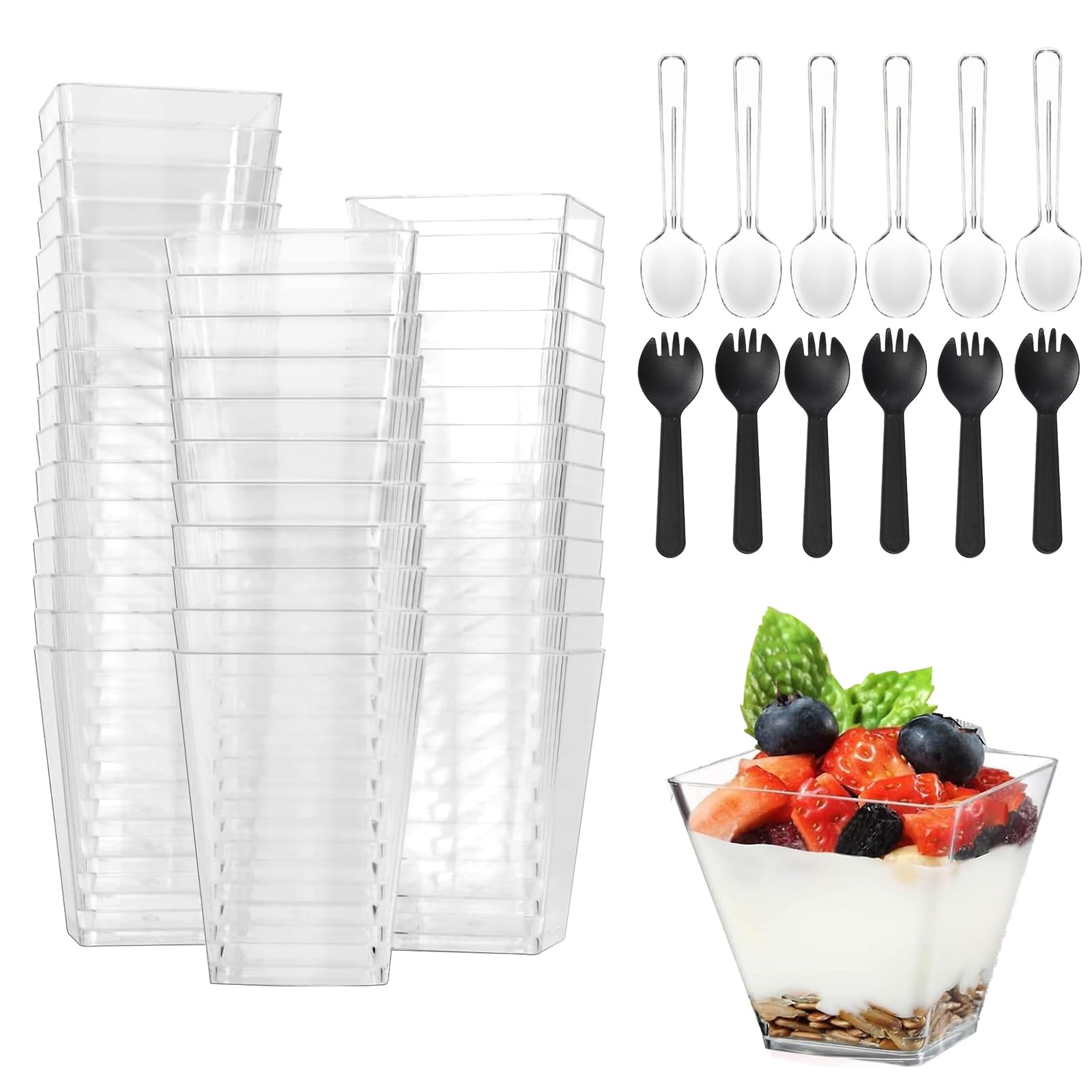 Bicchieri da dessert, 50 mini bicchieri da dessert con 50 cucchiai, ciotole da dessert da 60 ml, in plastica trapezoidale, ciotole trasparenti per dessert, budino, mousse feste