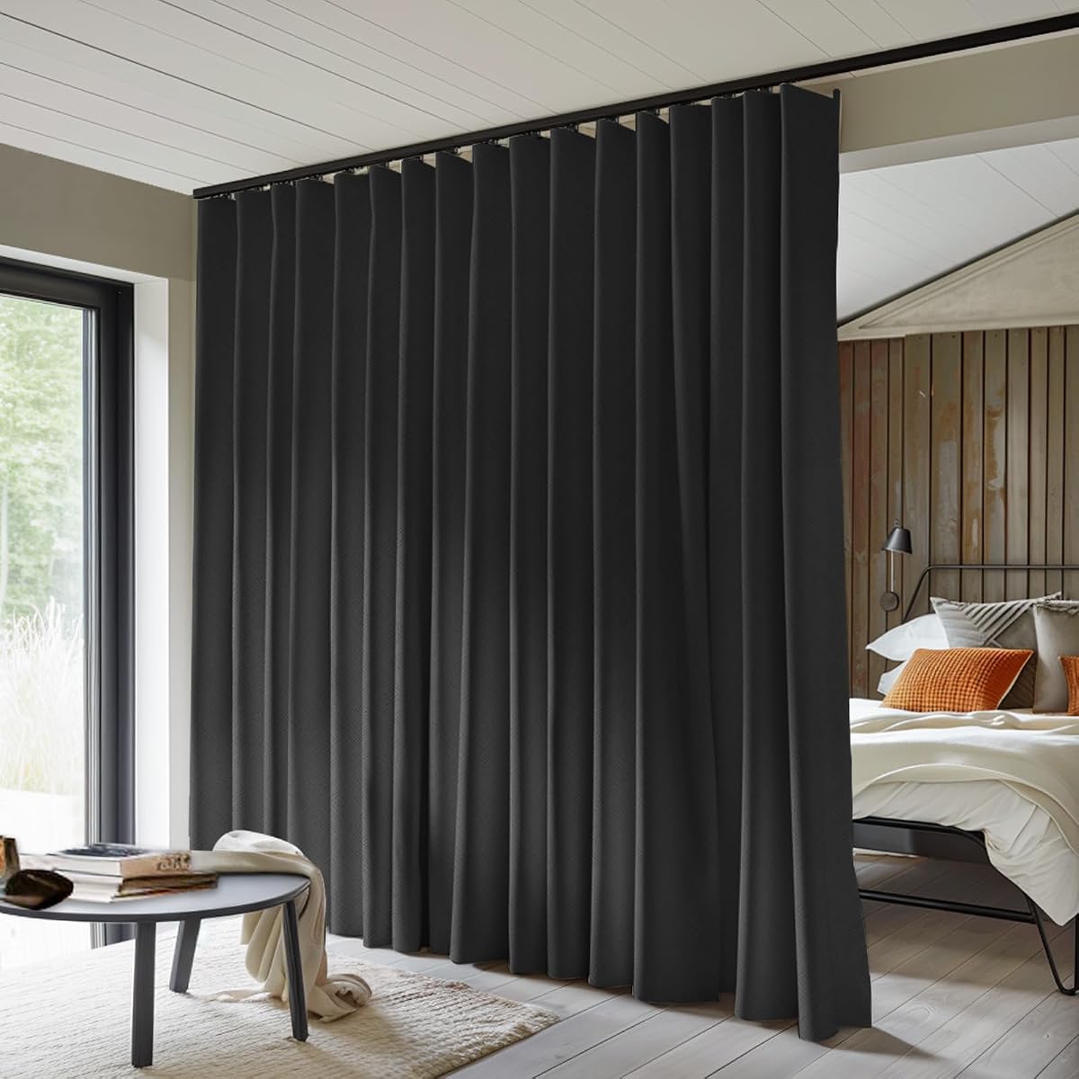 Cortinas divisorias de habitación con apagón total, cortina de privacidad, aislamiento térmico, cortinas de reducción de ruido para dormitorio, ventana, sala de estar, cortina de riel de techo de 8.3 pies x alto 9 pies, color negro
