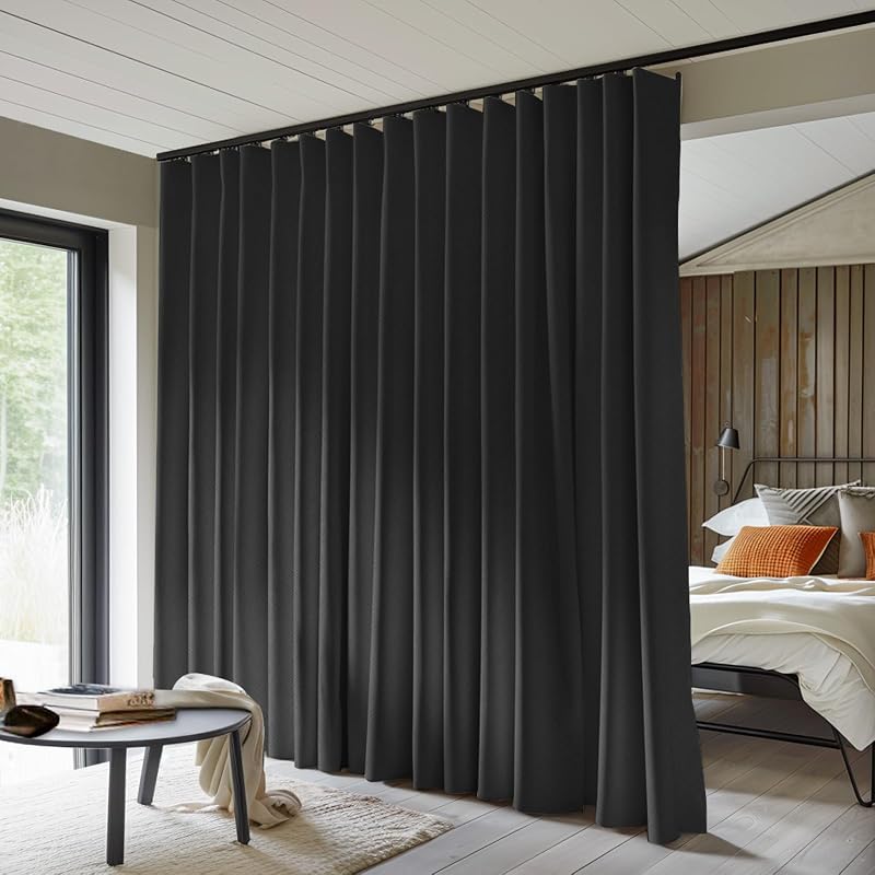 Cortinas divisorias de habitación con apagón total, cortina de privacidad, aislamiento térmico, cortinas de reducción de ruido para dormitorio, ventana, sala de estar, cortina de riel de techo de 8.3 pies x alto 9 pies, color negro