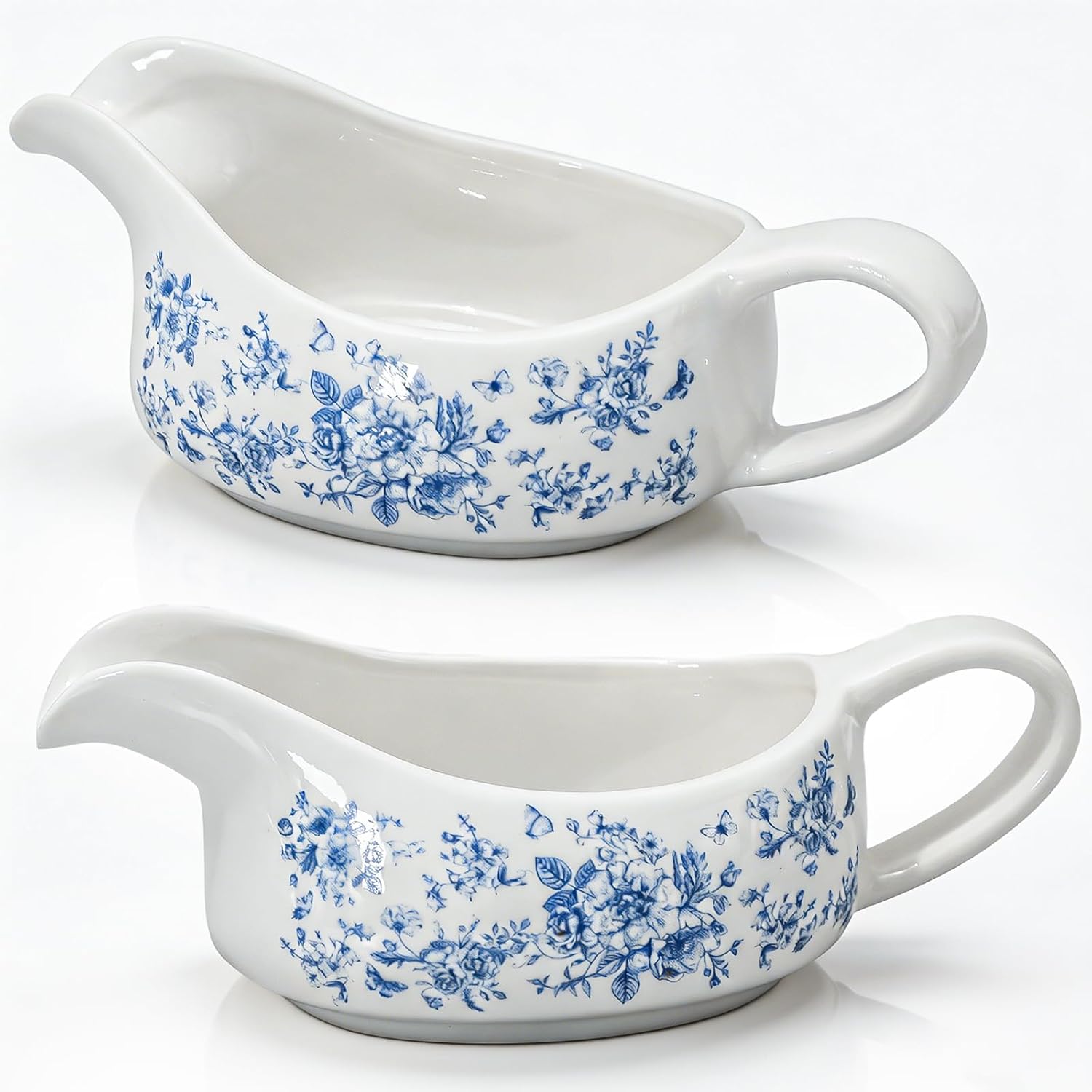 JarThenaAMCS 2Pcs Chinoiserie Gravy Boat Large Blue Floral Ceramic Sauce Boat with Pour Spout and Handle Vintage Flower Butterfly Gravy Bowl for Home Party Kitchen Table Countertop Decor, 7 Oz