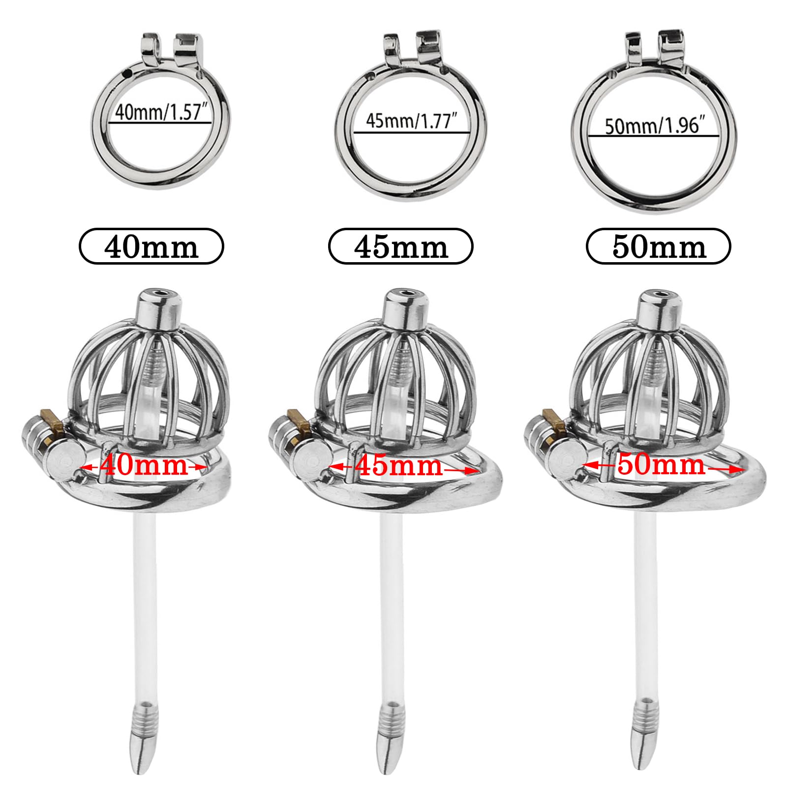 BDSMLOVE Gabbia di castità in acciaio inossidabile, Chastity cage con Catetere cavo, gabbia castità per uomo, cock cage per Prevenire L'erezione, uomo Castità Set di anelli (45 mm)