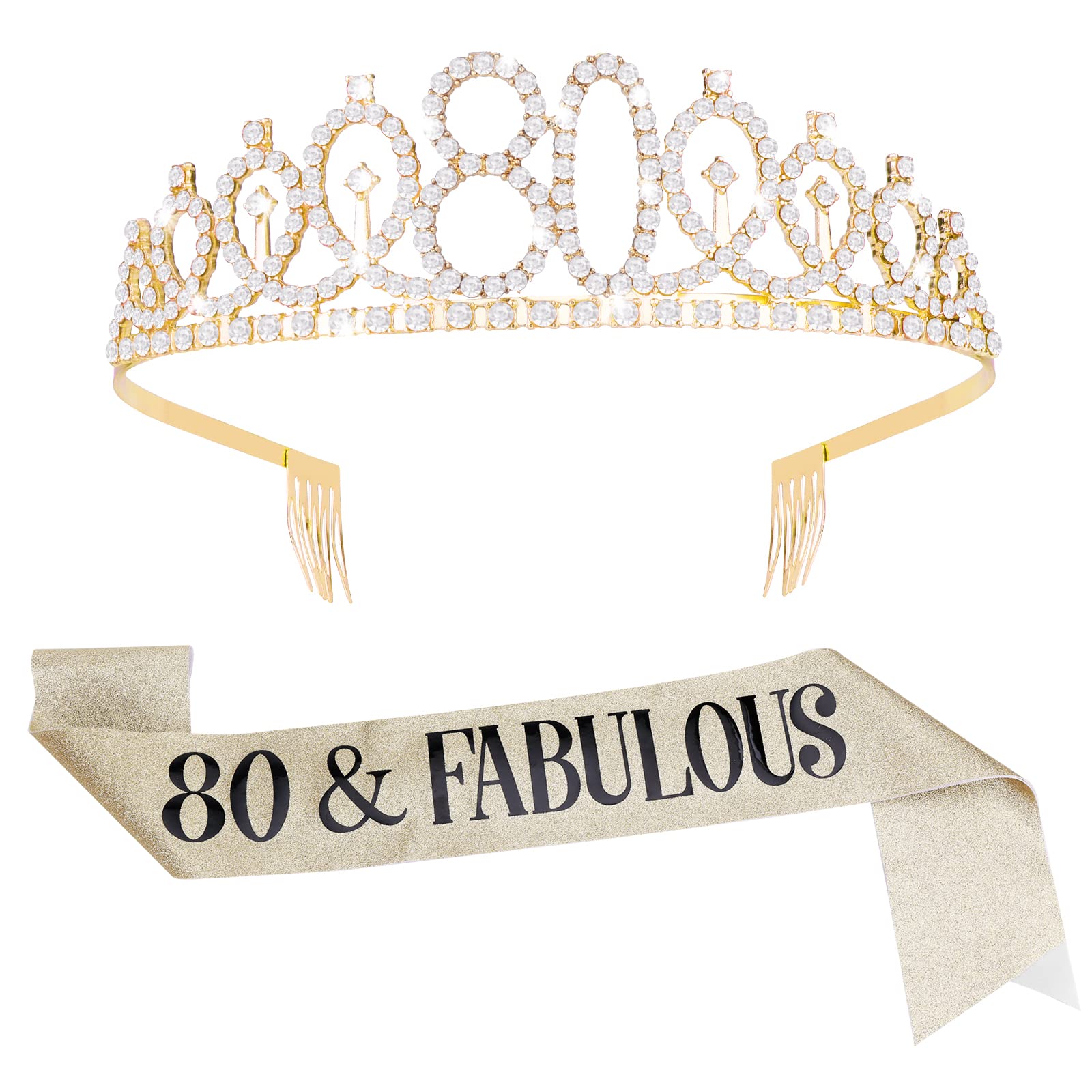 Ensemble Couronne Et Écharpe 80e Anniversaire En Or Rose - Diadème Strass, Écharpe '80 & Fabulous', Broche Perles