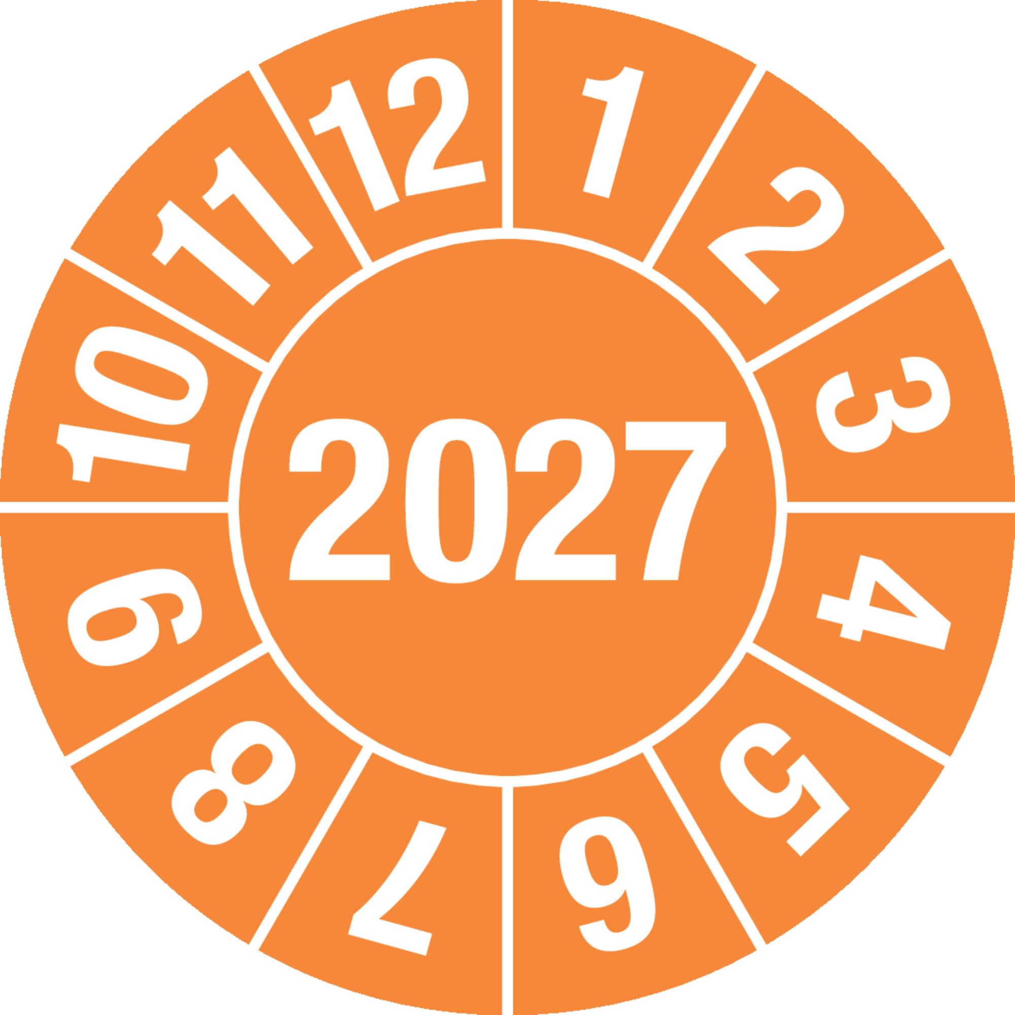 Prüfplakette 2027 orange Ø 30 mm – Jahresplakette 4-stellig | Dokumentenfolie | schwer ablösbar & witterungsbeständig | 15 Stück je Bogen | Marahrens – Qualität Made in Germany