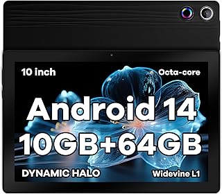 Tablette 10 Pouces Android 14 Tablette Octa-Core Tablette, Widevine L1 10 Go + 64 Go + 1 to TF, WiFi 6 BT 5.3 Batterie 5000 mAh, Transmission OTG, Déverrouillage du Visage, Prise Casque Type C (Noir)