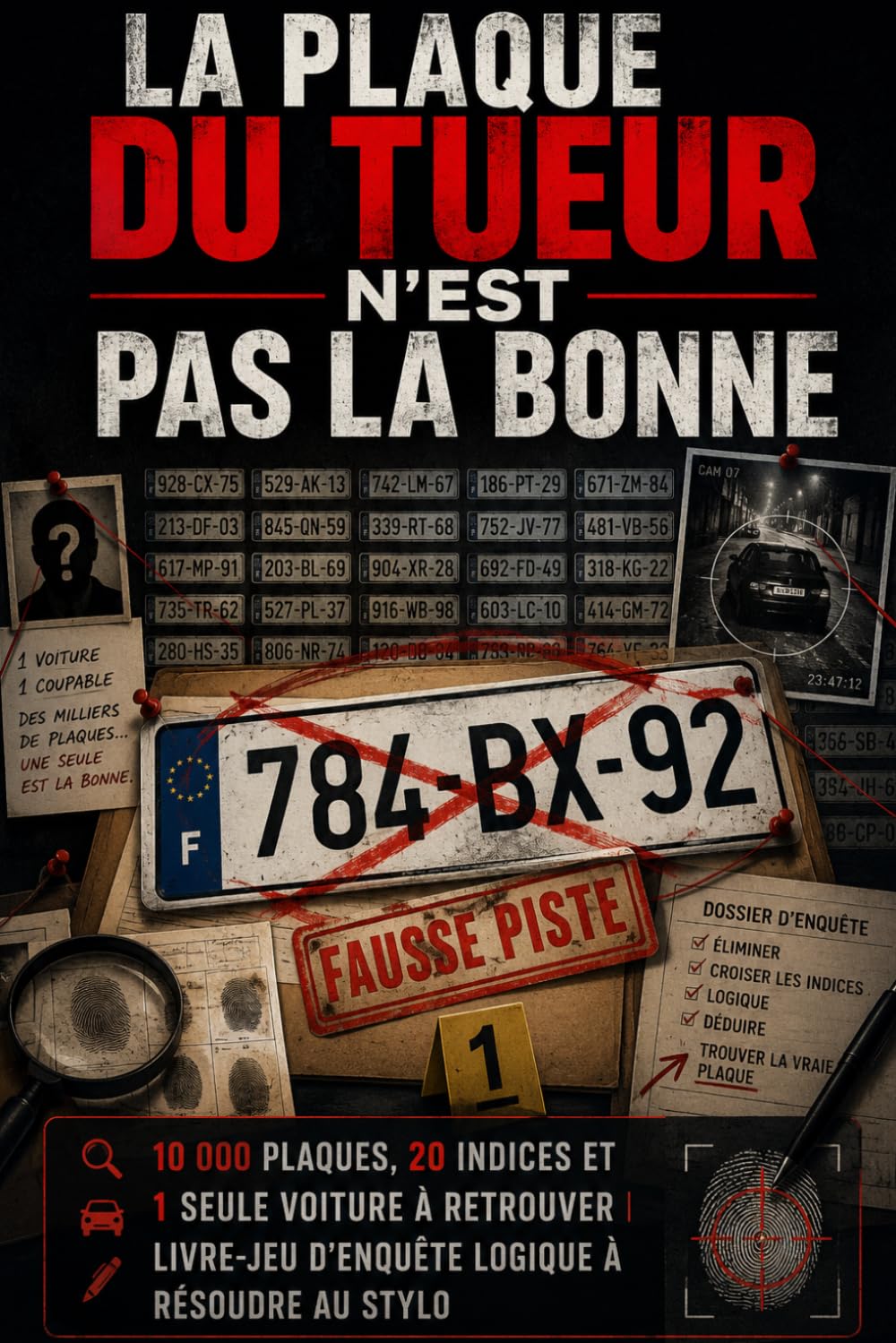LA PLAQUE 784-BX-92 N’EST PAS CELLE DU TUEUR: 10 000 plaques, 20 indices et 1 seule voiture à retrouver | Livre-jeu d’enquête logique à résoudre au stylo