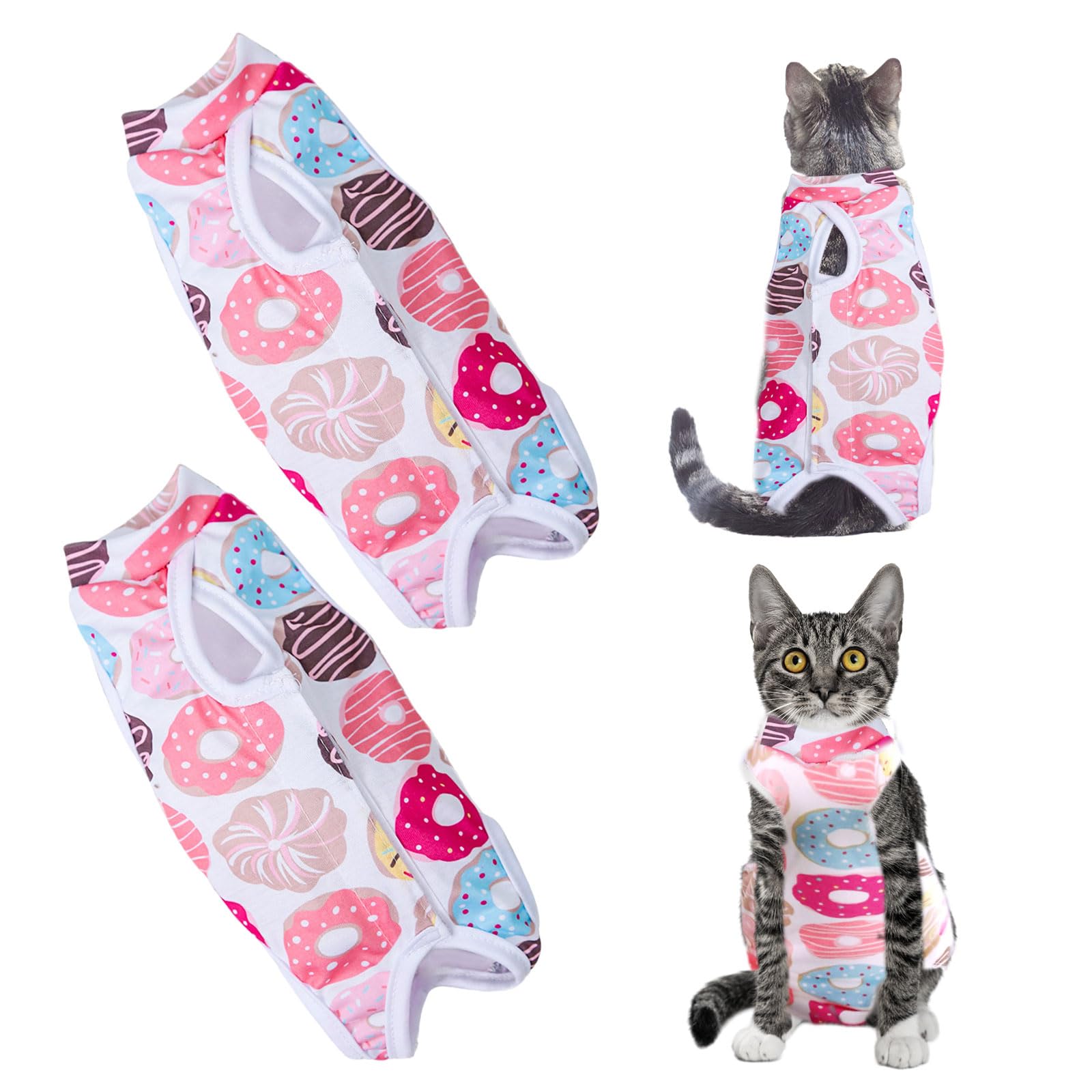 FUIPVGI 2 Piezas Traje de recuperación para Gatos, de recuperación quirúrgica Ropa Chaleco de pequeños Gatos, Gata Camiseta de recuperación, Mono de Pijama, Mediano, Ropa Donut (Rosa)