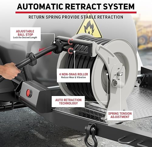 Miniatura 3 de Carrete de manguera de combustible, manguera diésel retráctil de 1 pulgada x 50 pies, manguera diésel de acero al carbono industrial de 300 PSI,