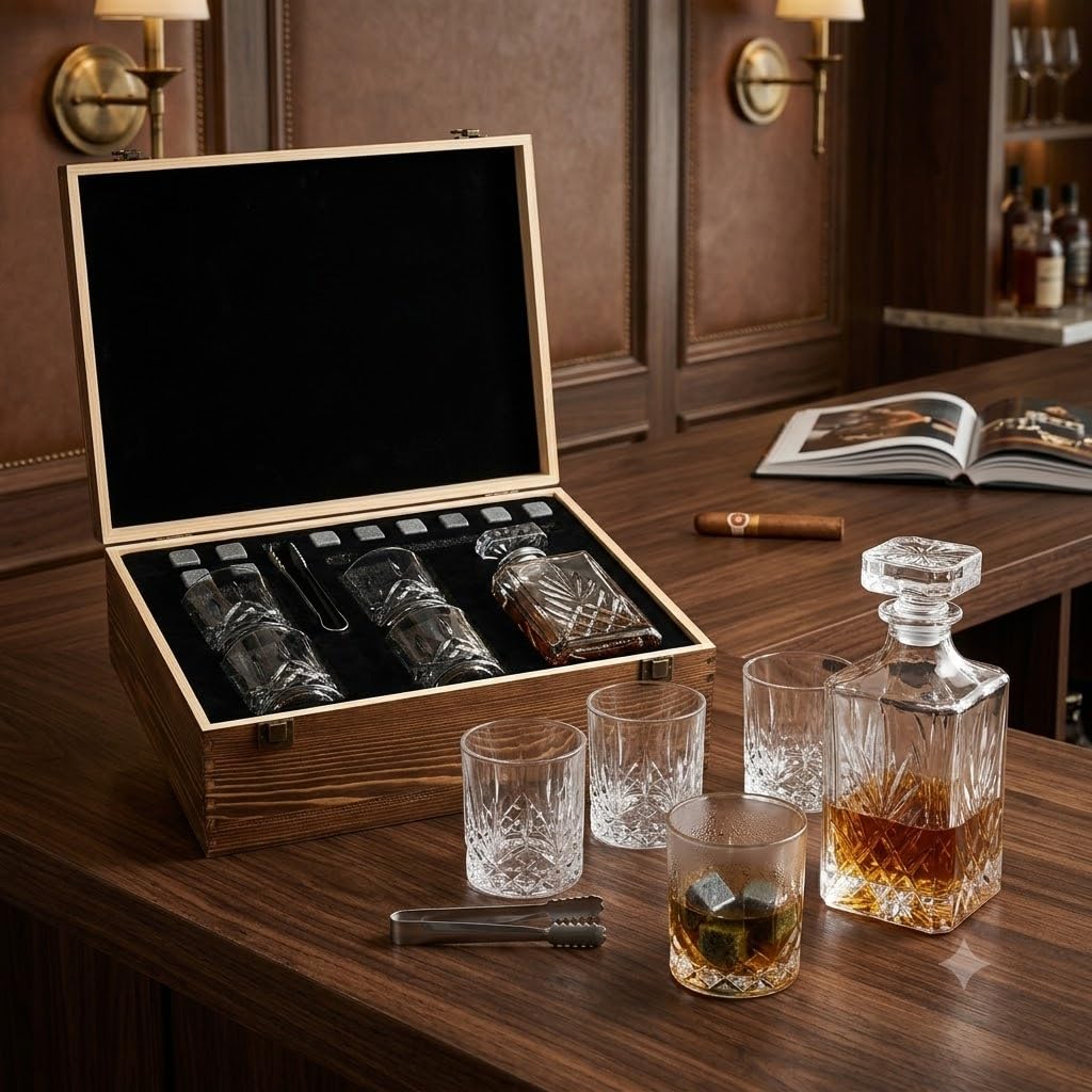 CALWAYMART Premium Whiskey Decanter Set with Wooden Box | Soda Lime Glass Decanter with 4 Crystal Glasses, Ice Stones & Tongs | Luxury Bar Gift Set for Men, Home & Office-picture-10