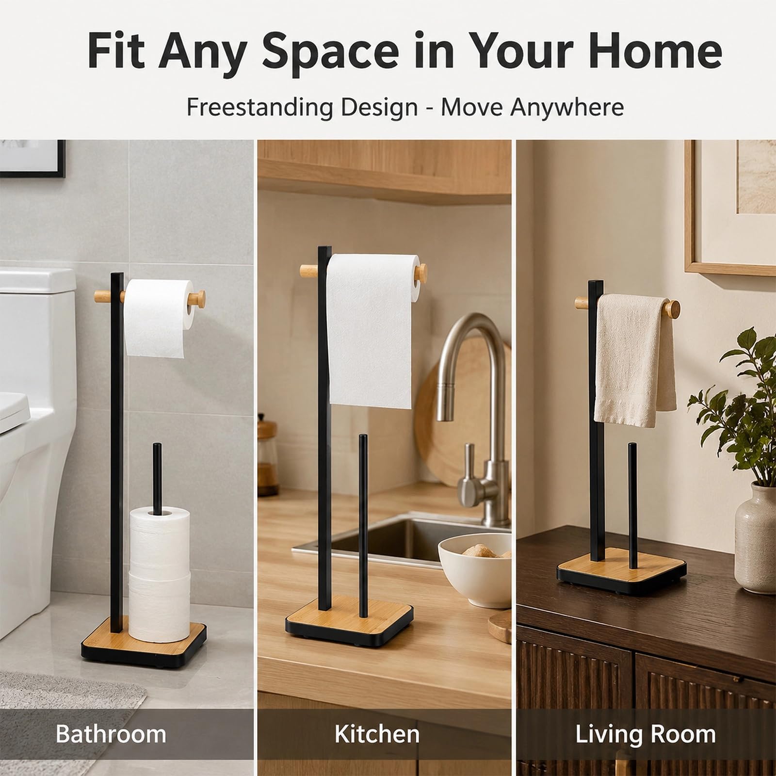 Portarotolo da Terra | Portarotolo Nero Con Ripiano Superiore, Organizer Per Bagno in Stile Bambù