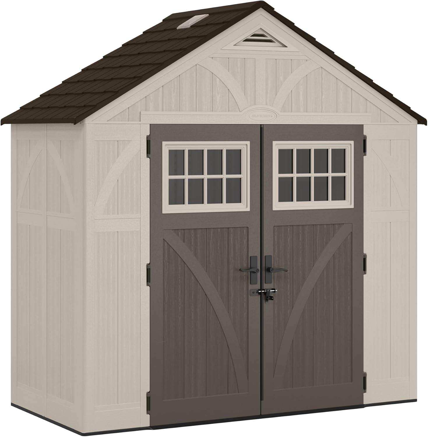 Suncast 4' x 8' Heavy-Duty Resin Tremont Storage Shed with Reinforced Floor, Skylights for Natural Light, Lockable Double Doors, Sand Finish