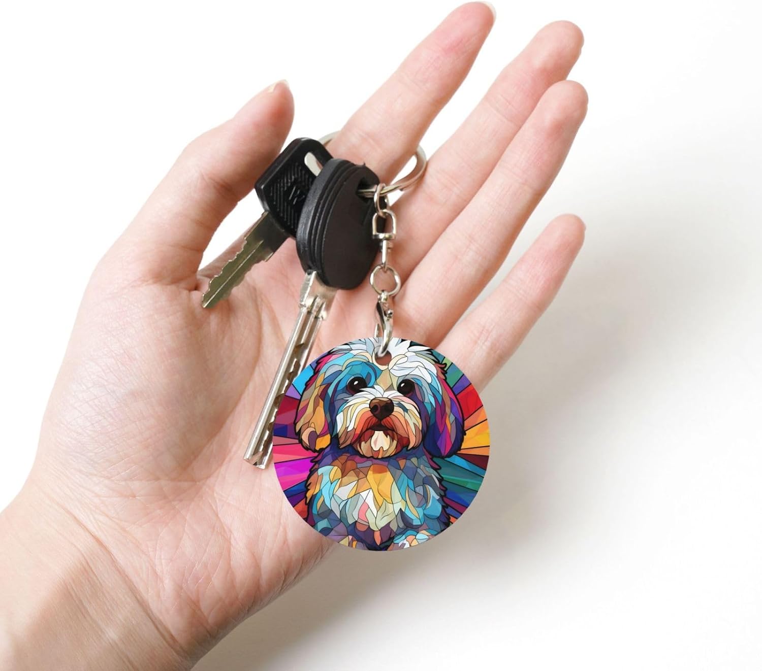 Stained Dog Breed Glass Art Round Metal Keychain Key Holder Pendant image 4