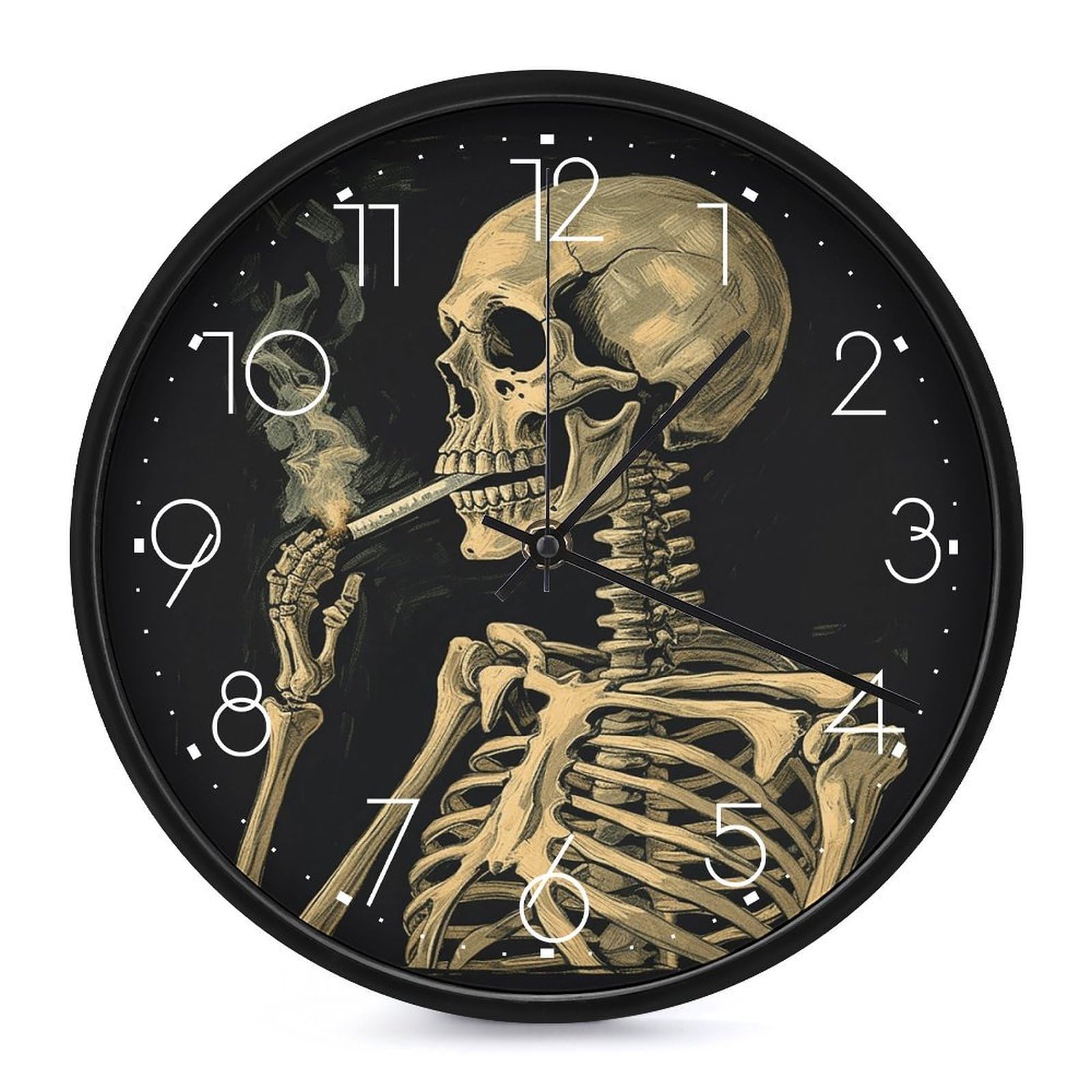 VstaDank A Skeleton with Burning Cigarette Wall Clock Battery Operated Silent Non Ticking 10 Inch Decorative Round Wall Clock Modern Fashion Classic Clock for Home Living Room Kitchen Bedroom Office