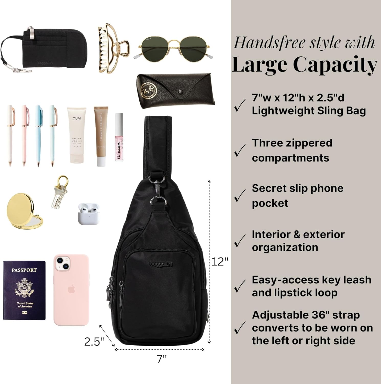 Baggallini Women's Central Park Sling 12"x7" Crossbody Bag W/Convertible Adjustable Shoulder Strap - Image 4