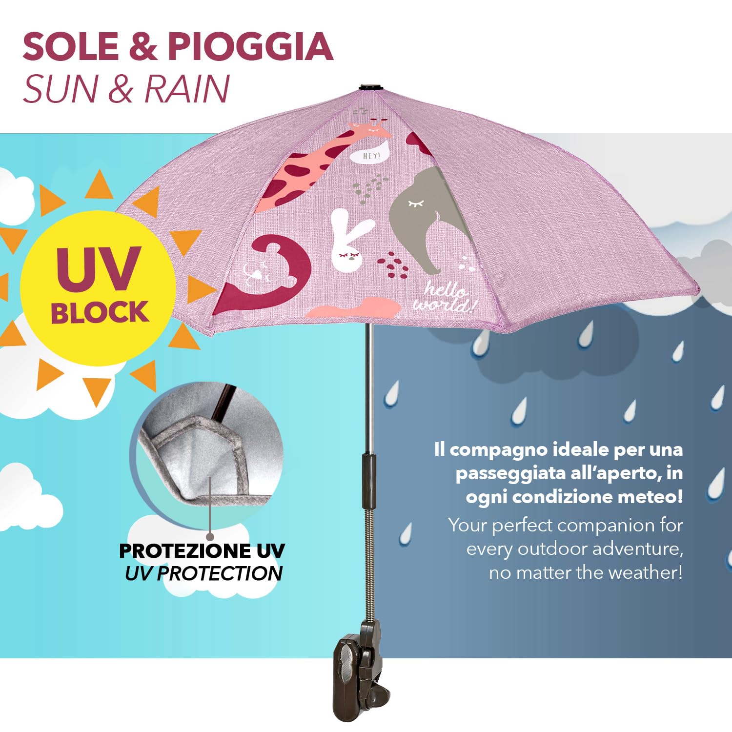 PERLETTI Kinderwagen Sonnenschirm mit Sonnen UV Schutz - Kinderwagenschirm Verstellbar mit Universal Halterung - Kinder Wagen Schirm mit Manueller Öffnung - Durchmesser 68 cm