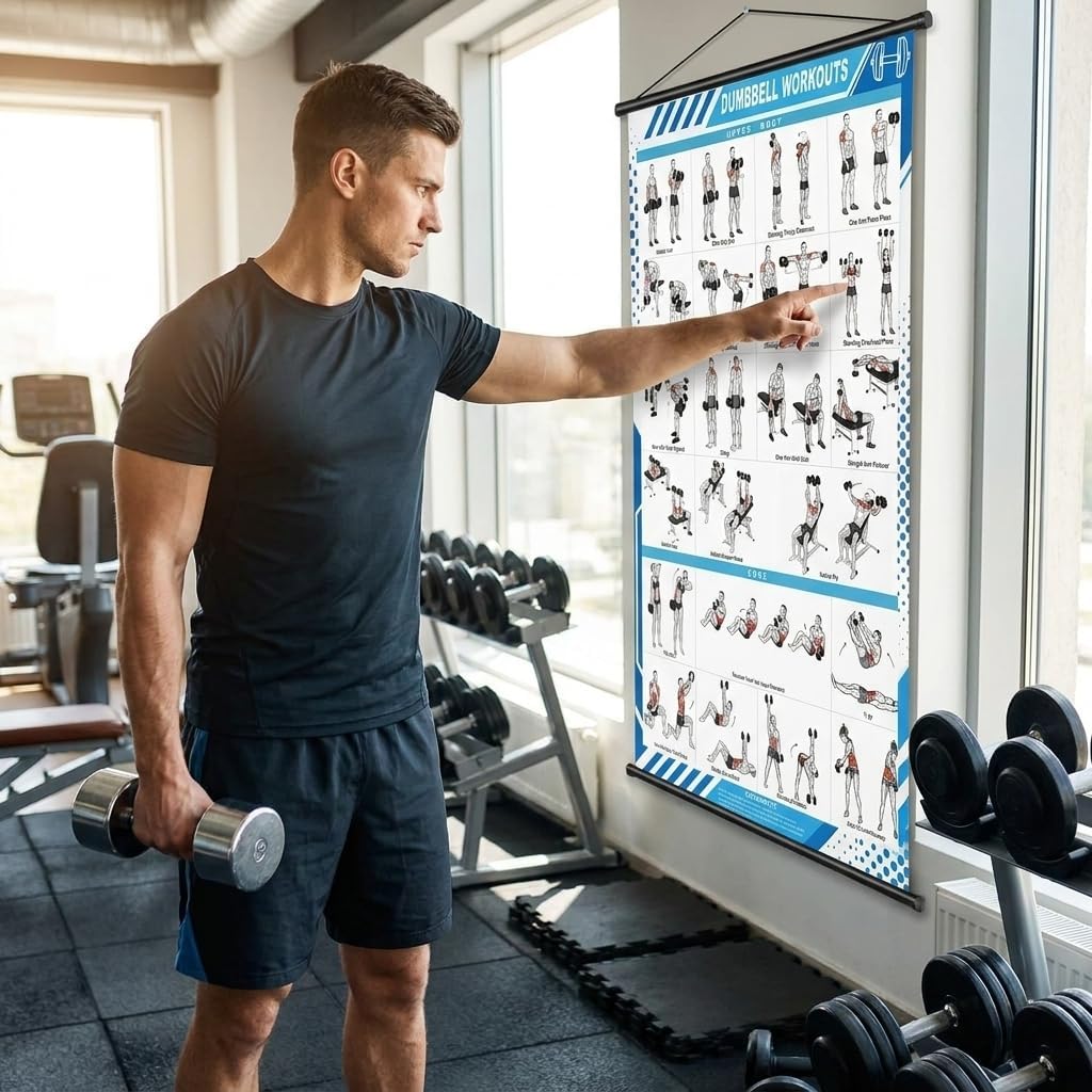 JCOHOY Dumbbell Workouts Poster Wall Chart, 15.75"×47.24" | Gym Exercise Guide, Strength Training, Home Fitness & Bodybuilding, Full-Body Dumbbell Routines