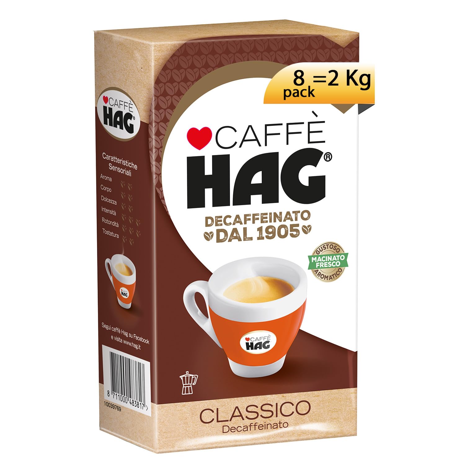 Hag - Caffè Macinato Decaffeinato Gusto Classico Macinato Fresco - Chicchi Pregiati di Arabica e Robusta - Contiene 8 confezioni da 250 gr (totale 2 kg)