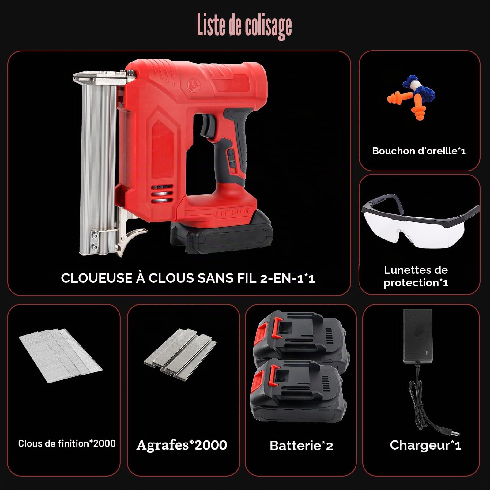 Agrafeuse électrique 18GA 2 en 1, Cloueuse Electrique Sans Fil avec 2000 clous, 2000 agrafes, 21 V 2 x 2,0 A batteries pour menuiserie en bois