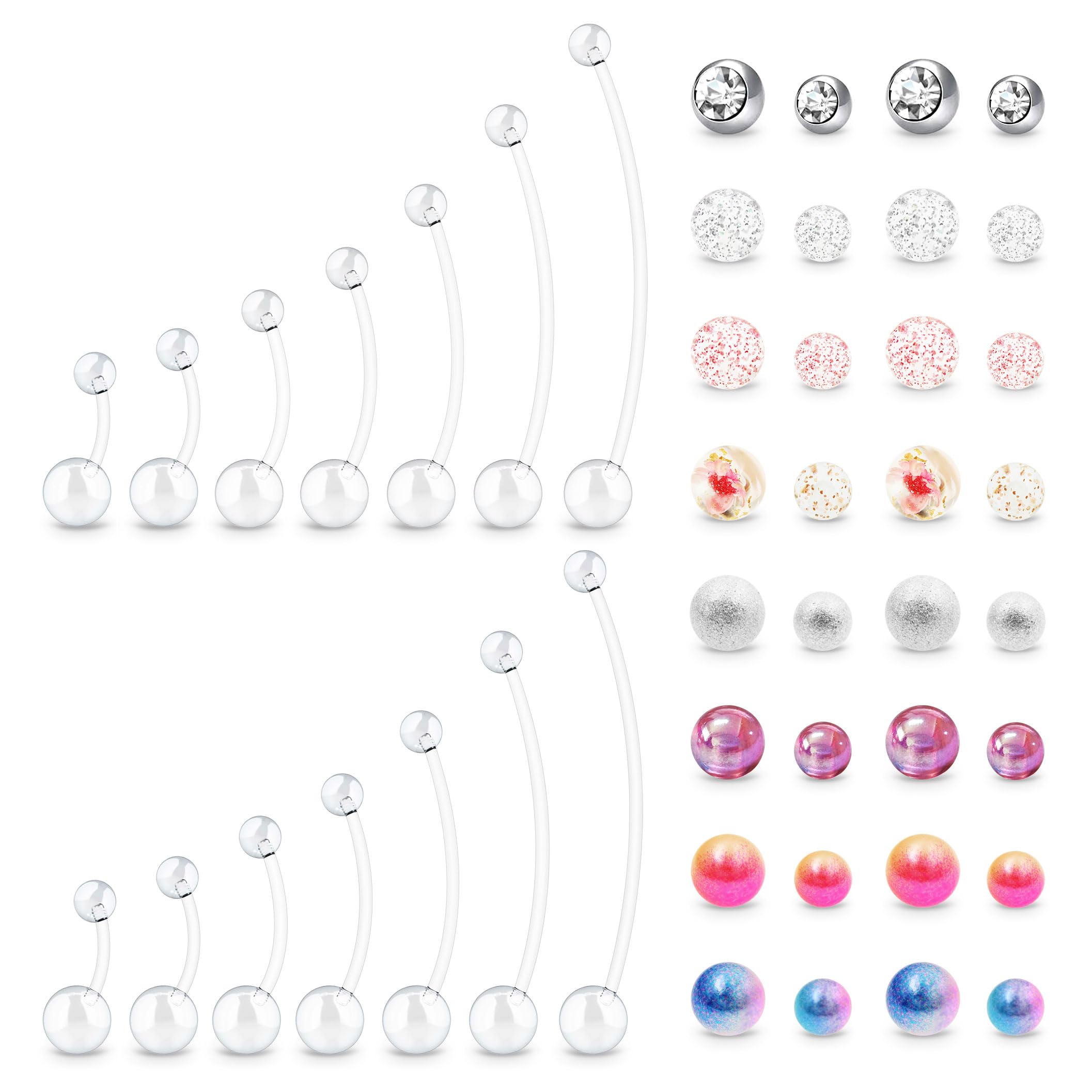 Piercing Nombril Grossesse Bioflex Plastique 14G | Barres flexibles avec différentes longueurs adaptées aux étapes de la maternité, avec boules de remplacement