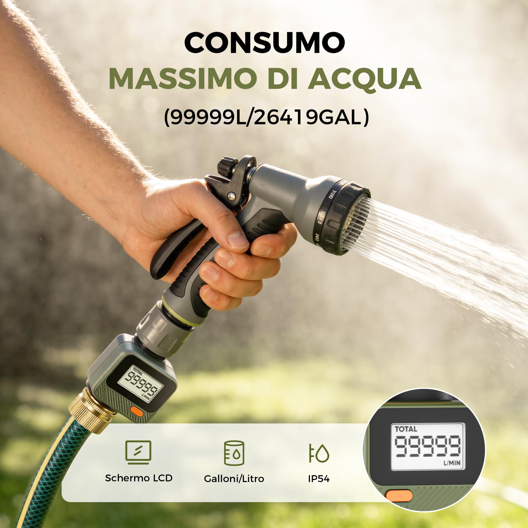 Diivoo Ottone Contatore Acqua con Pannello Rimovibile a 180°, Conta Litri con 4 Modalità di Misurazione, Precisione ±5%, Galloni/Litri, IP54 Contalitri Acqua per Giardini, Piscine, Prati e Rubinetto