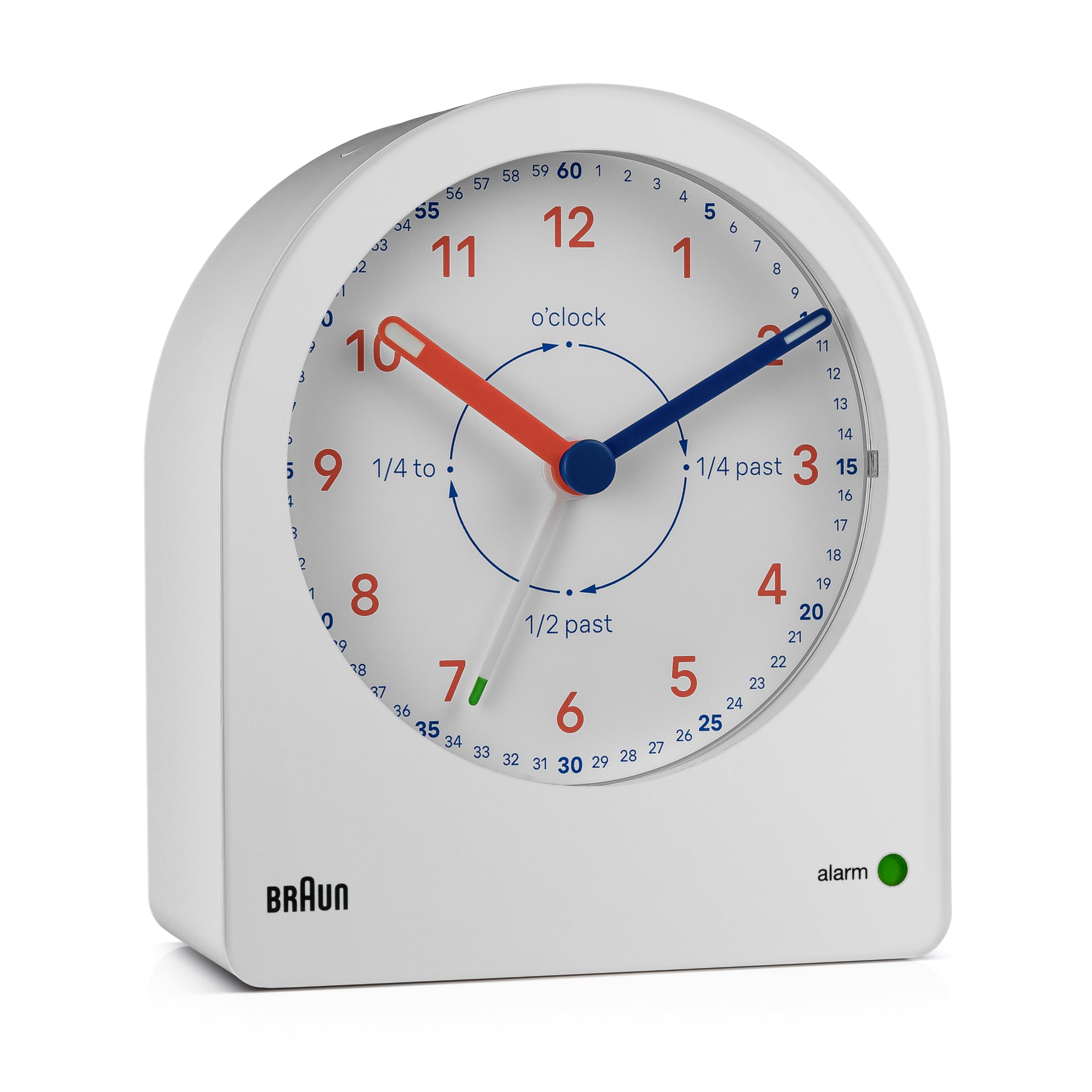 Braun analoger Zeitlehrer Wecker mit Schlummerfunktion, kontinuierlicher Hintergrundbeleuchtung, geräuscharmem Quarzwerk, leicht ablesbarem Ziffernblatt, ansteigender Signalton, Weiß, Modell BC22TW.