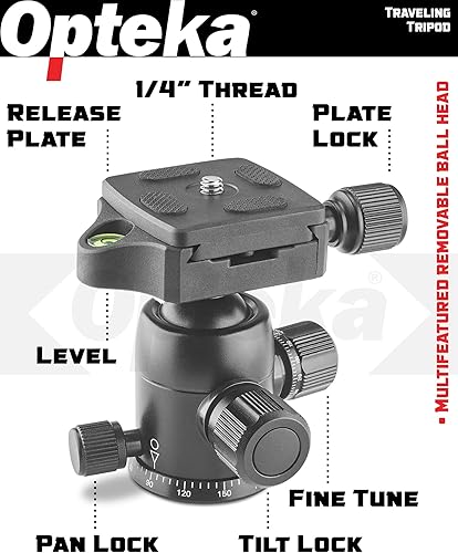 Miniatura 6 de Opteka Trípode profesional de viaje 2 en 1 de 59 pulgadas/monopie de 62 pulgadas con cabeza de bola de 360 grados, placa de liberación rápida, funda