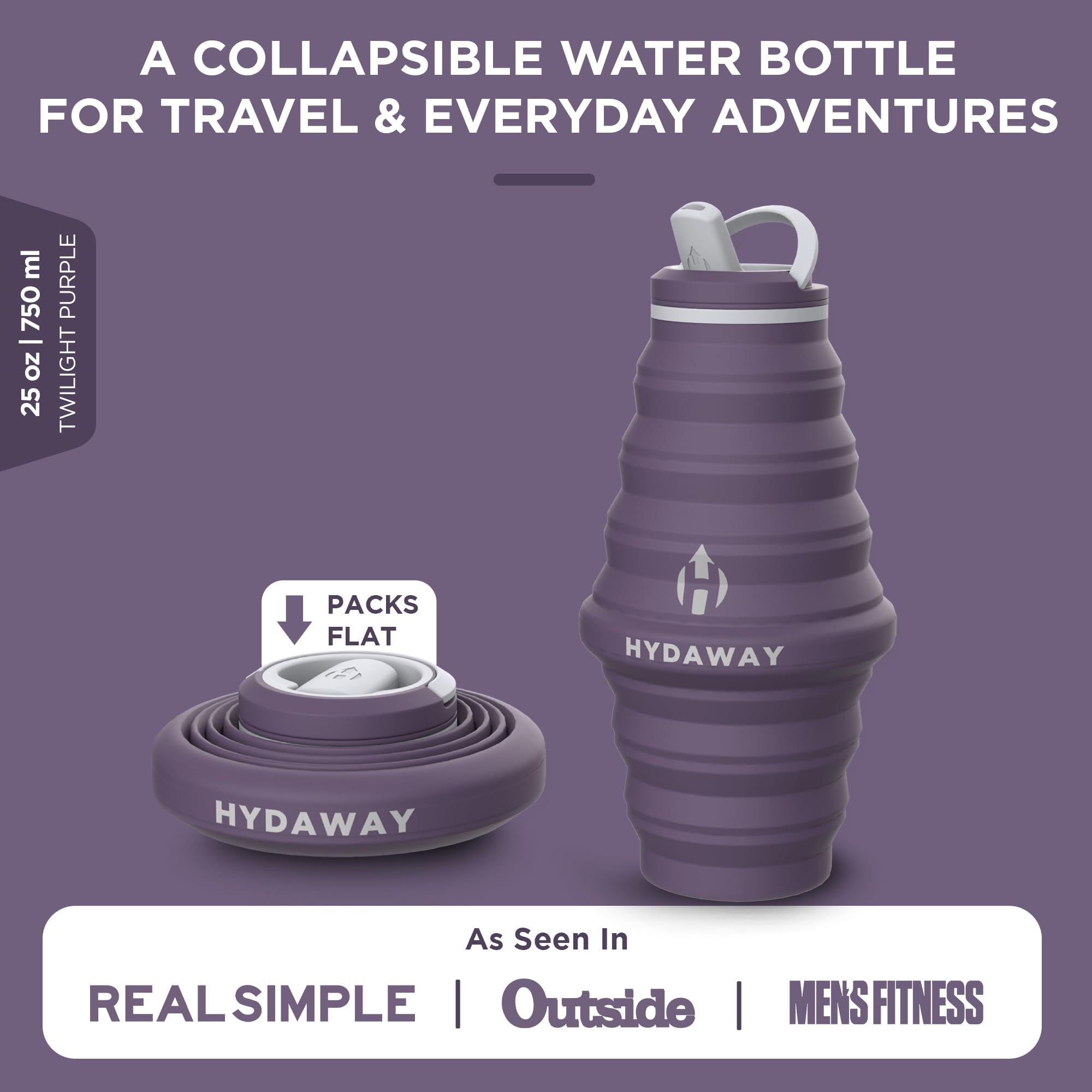HYDAWAY Borraccia pieghevole – Borraccia riutilizzabile da 750 ml, con coperchio ribaltabile, per viaggi, escursionismo, zaino in spalla, portatile e a prova di perdite, in silicone alimentare, senza