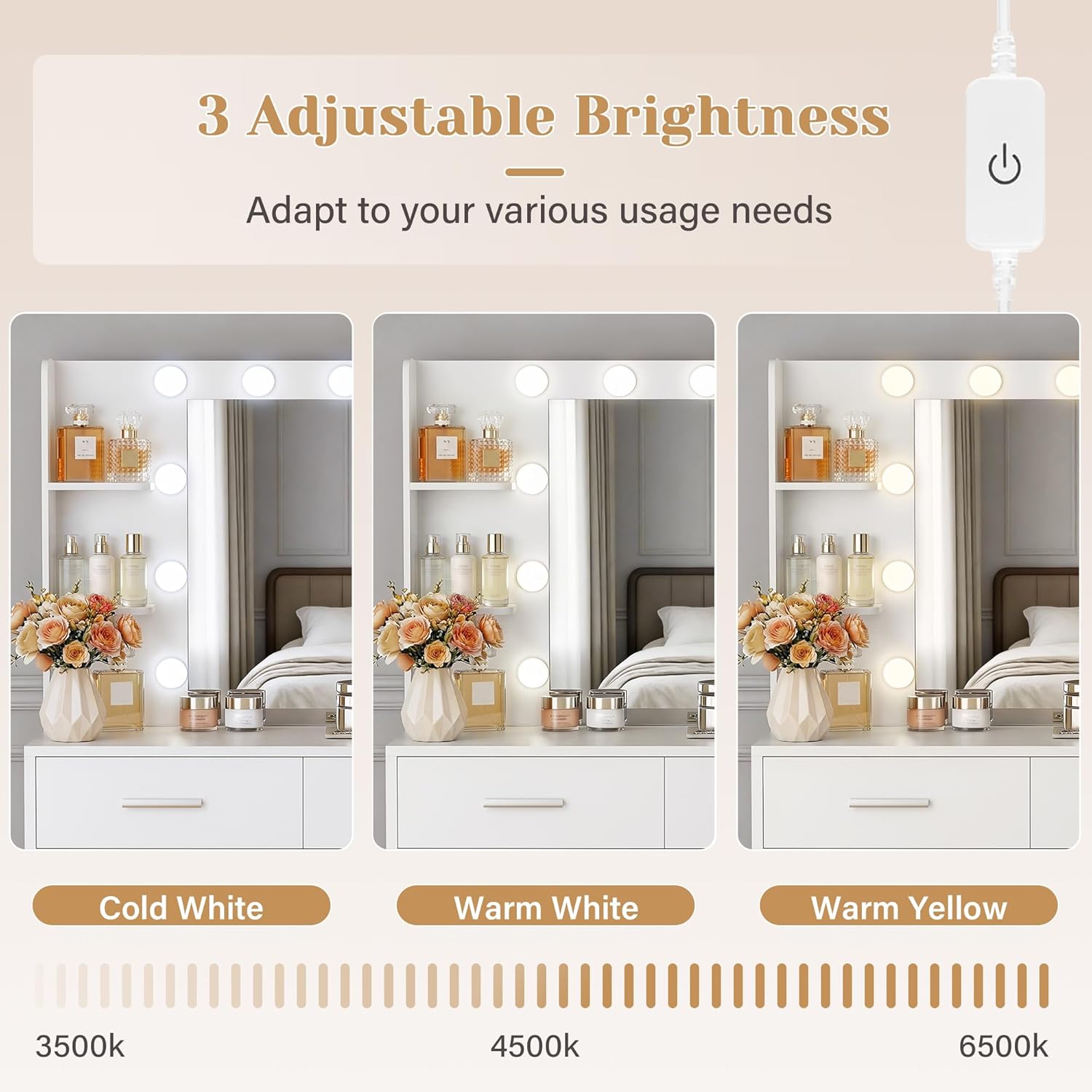 YESHOMY Makeup Vanity Desk with Mirror & Lights, Vanity Table with 5 Drawer, 6 Shelves, Charging Station for Bedroom, Dressing Room, White