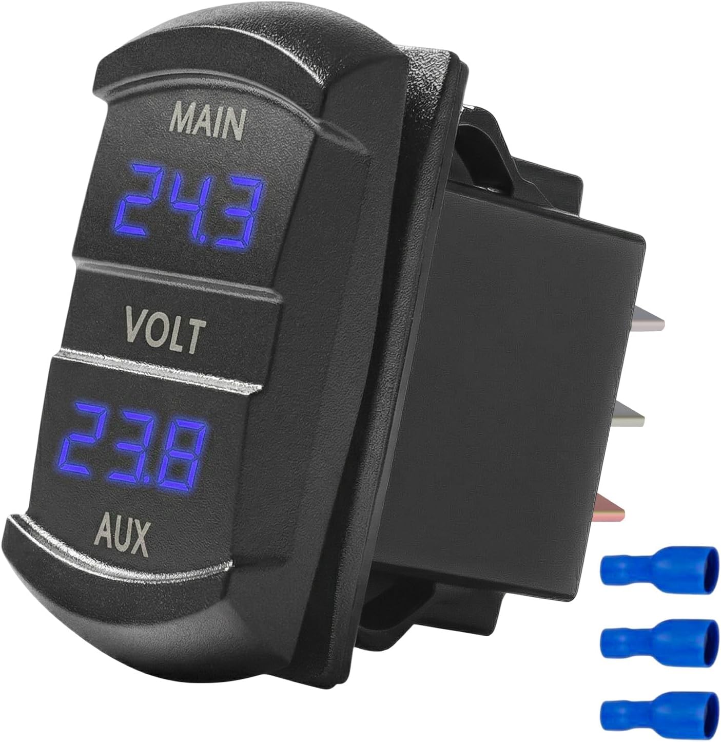 LED Digital Panel Double Voltmeter, 10V-60V Rocker Switch Style Dual Voltage Meter, Waterproof 12V/24V DC Low Voltage Monitor for Truck RV Van Boat, Car Accessories (Blue)