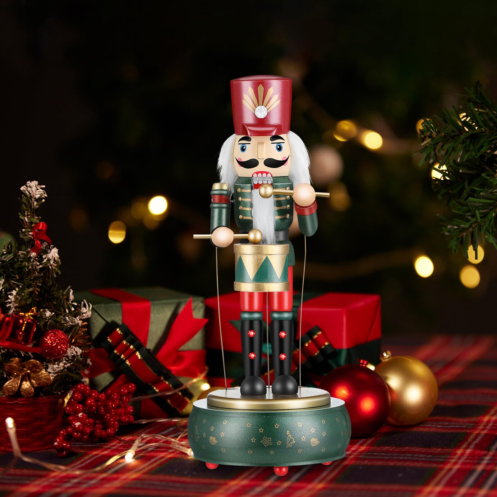 Caja de Música Navideña de Madera Cascanueces 32 Cm con Manos y Boca Móviles, Adorno Festivo Tradicional para Decoración de Navidad y Obsequio Especial