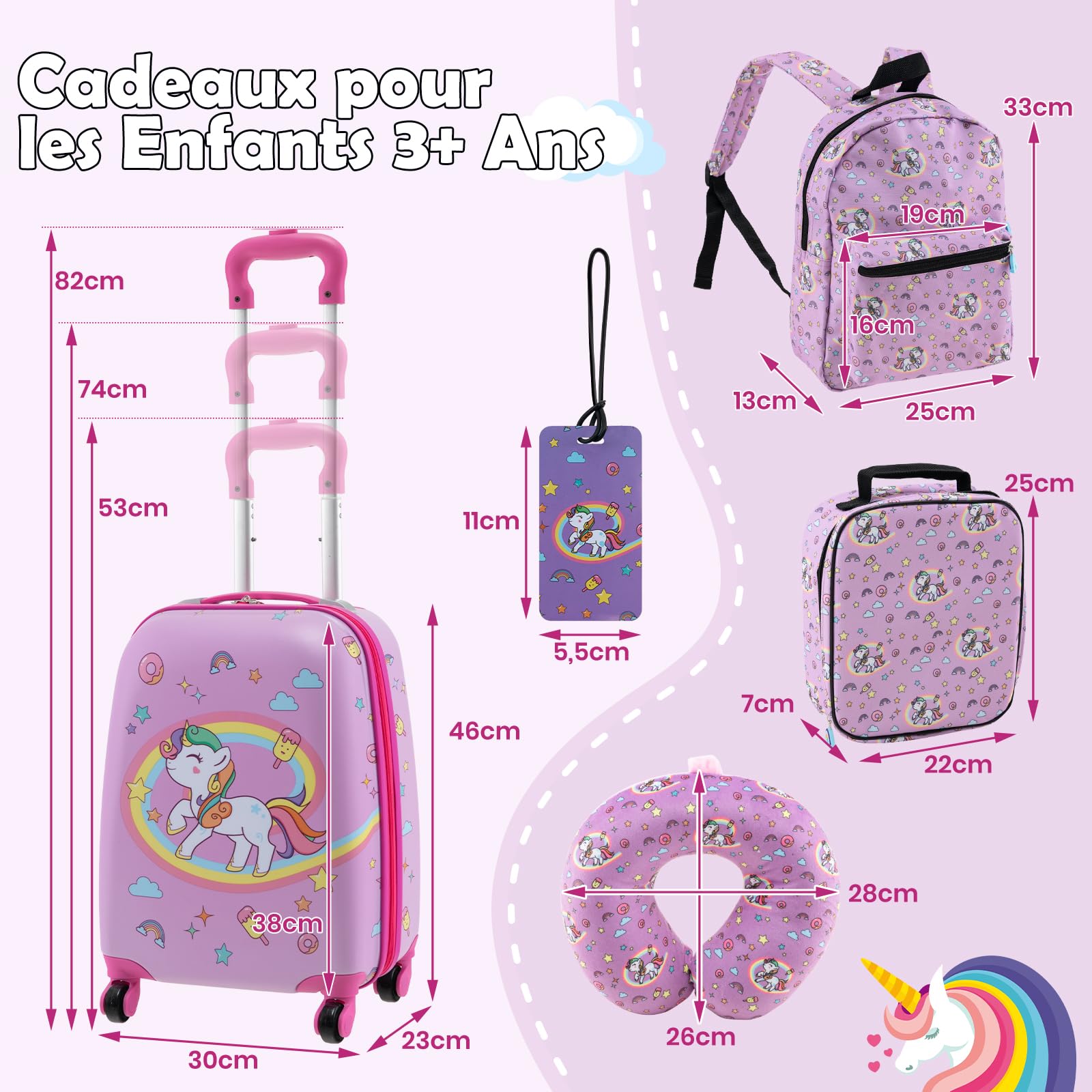 DREAMADE Valise Enfant 16" et Sac à Dos 13" avec Oreiller Cervical&Sac-Repas Isolé&Étiquette,Bagage à Main Enfants 5 Pièces avec 4 Roues à 360°,Ensemble Valise Roulette Garçon Filles (Licorne Rose)