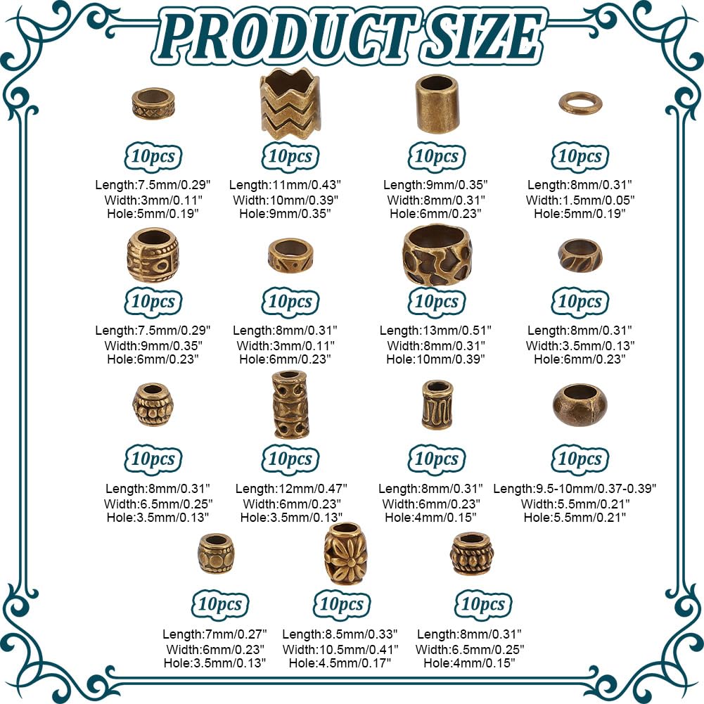 NBEADS 150 Pcs Alloy Spacer and Dreadlock Hair Beads - 15 Styles Antique Bronze 4-10mm Large Hole for Braids and Decoration - Image 2