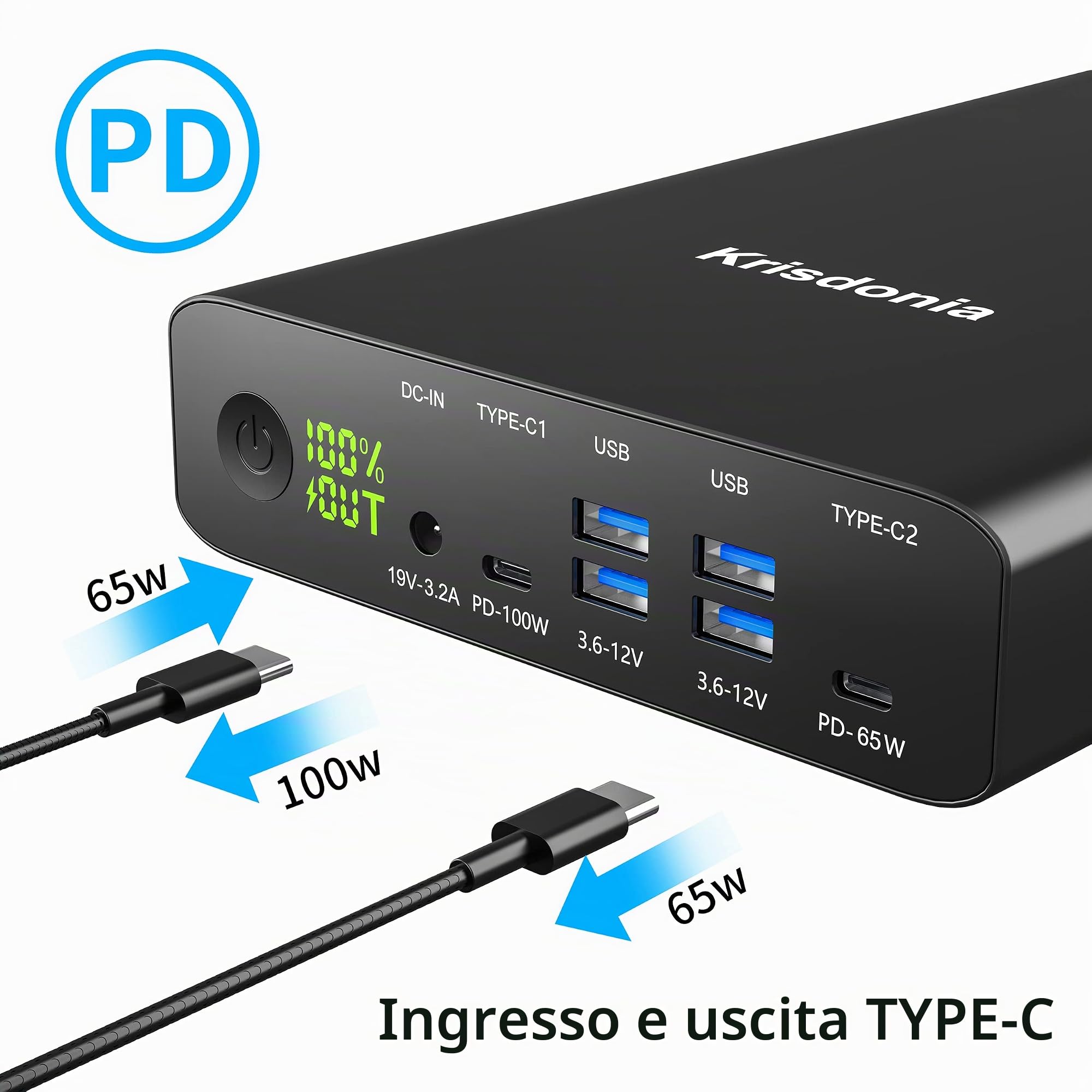 Powerbank 64000mAh, Caricabatterie Portatile con Dual USB C PD (100W & 65W) e 4 USB-A (QC3.0 18W), Batteria Esterna Carica Rapida per iPhone 12, MacBook Pro, Laptops, Tablets, Smartphones