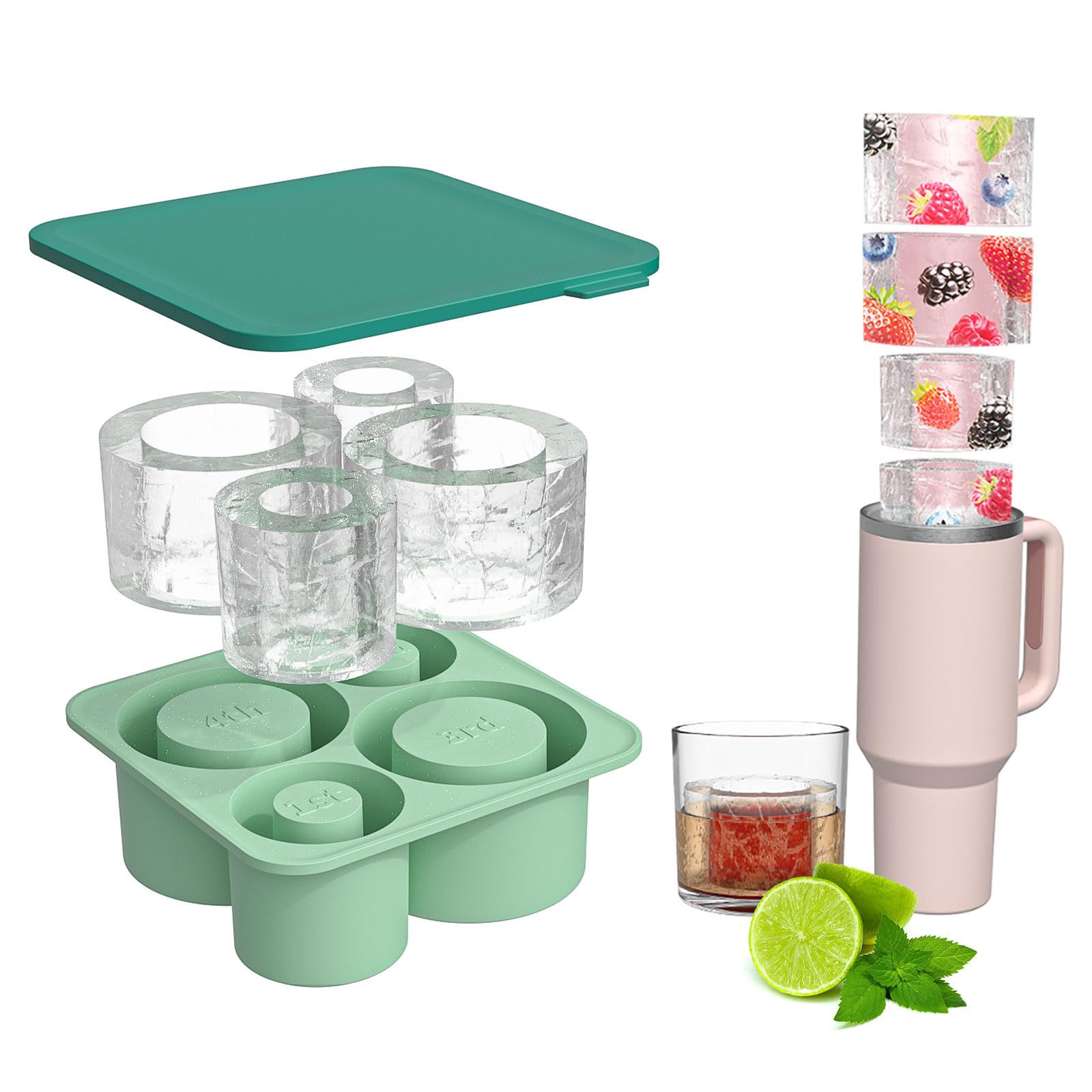 Ice Cube Tray for Tumbler, 4 Pcs Silicone Hollow Cylinder Ice Mold with Lid for Freezer, Ice Drink, Juice, Whiskey, Cocktail, for Stanley 20Oz, 30Oz, 40Oz (Green)