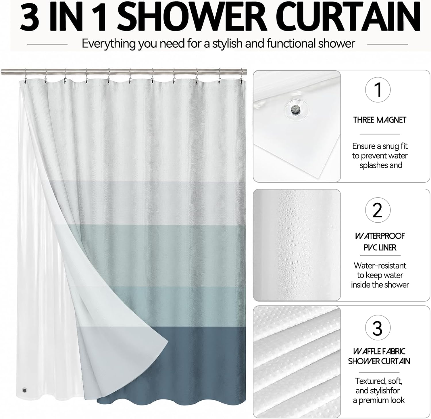 Waffle Shower Curtain Set with PEVA Liner and 12 Hooks,72"x72",Blue Ombre