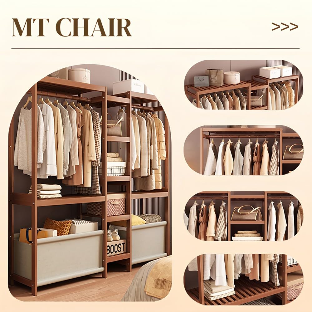 Multifunktionaler Kleiderständer aus Holz, stabil, freistehend, Hanr mit Regalen und Stofftaschen für Schlafzimmer, Eingangsbereich, Garderobenständer, Nizer, vielseitige Garderobe