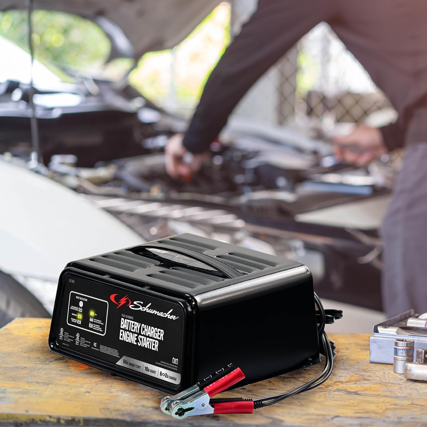 Schumacher Electric 6A Car Battery Charger and 50A Engine Starter, 3-in-1 Solution, Maintainer, 10A Boost, for 12V Power Sport, Automotive, and Marine Batteries, SC1305