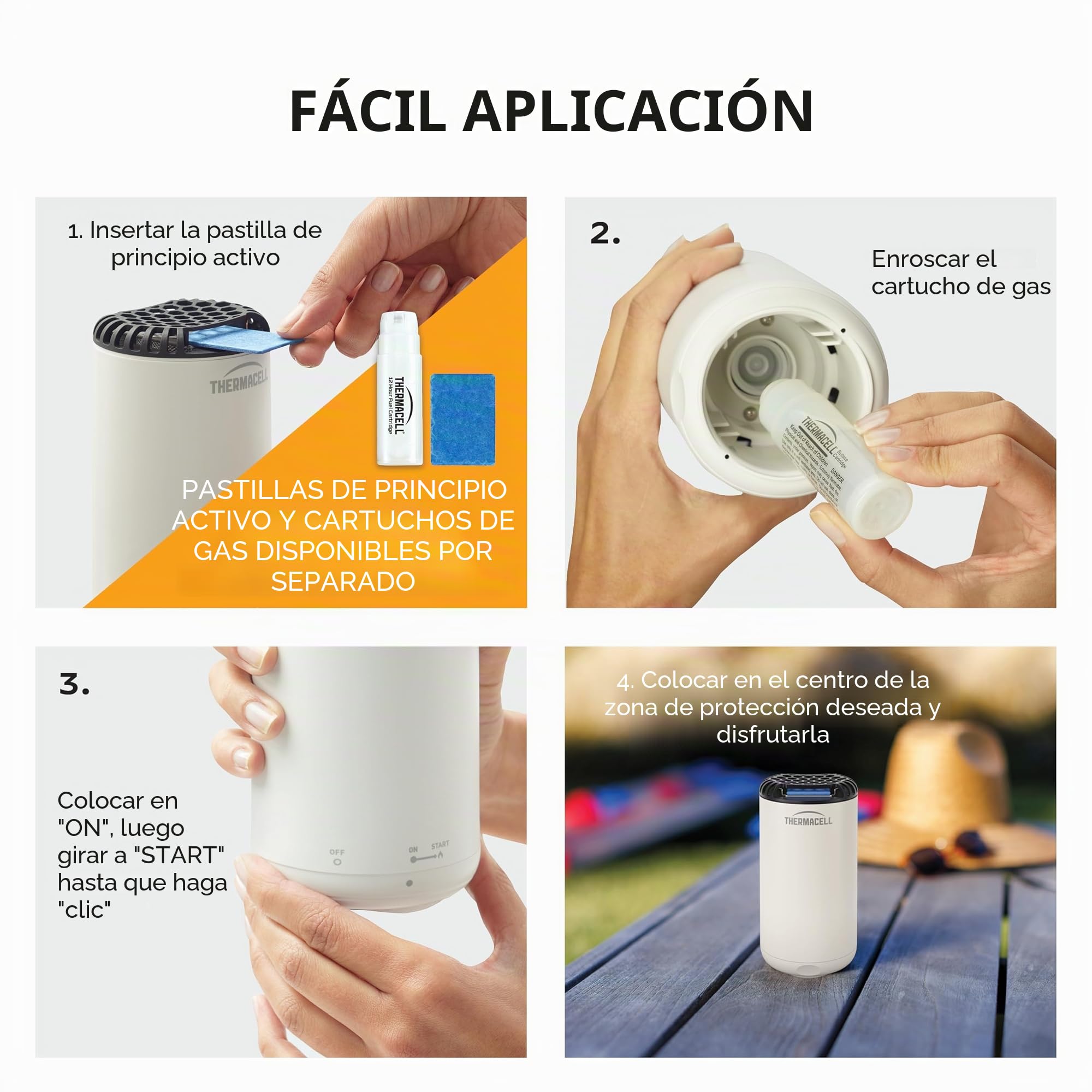 THERMACELL - Difusor antimosquitos y Mosquitos, para Exteriores, jardín, terraza, inalámbrico, nómada, Zona de protección, 20 m², Efecto rápido, Inodoro, recargas no Incluidas, Color Blanco