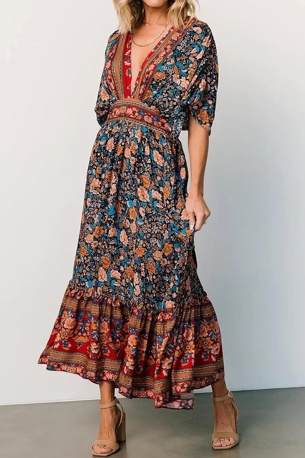 R.Vivimos Women's Summer Boho Floral Print Midi Dress Short Sleeve Deep V Neck Empire Waist Flowy Beach Dress with Pockets - Image 2