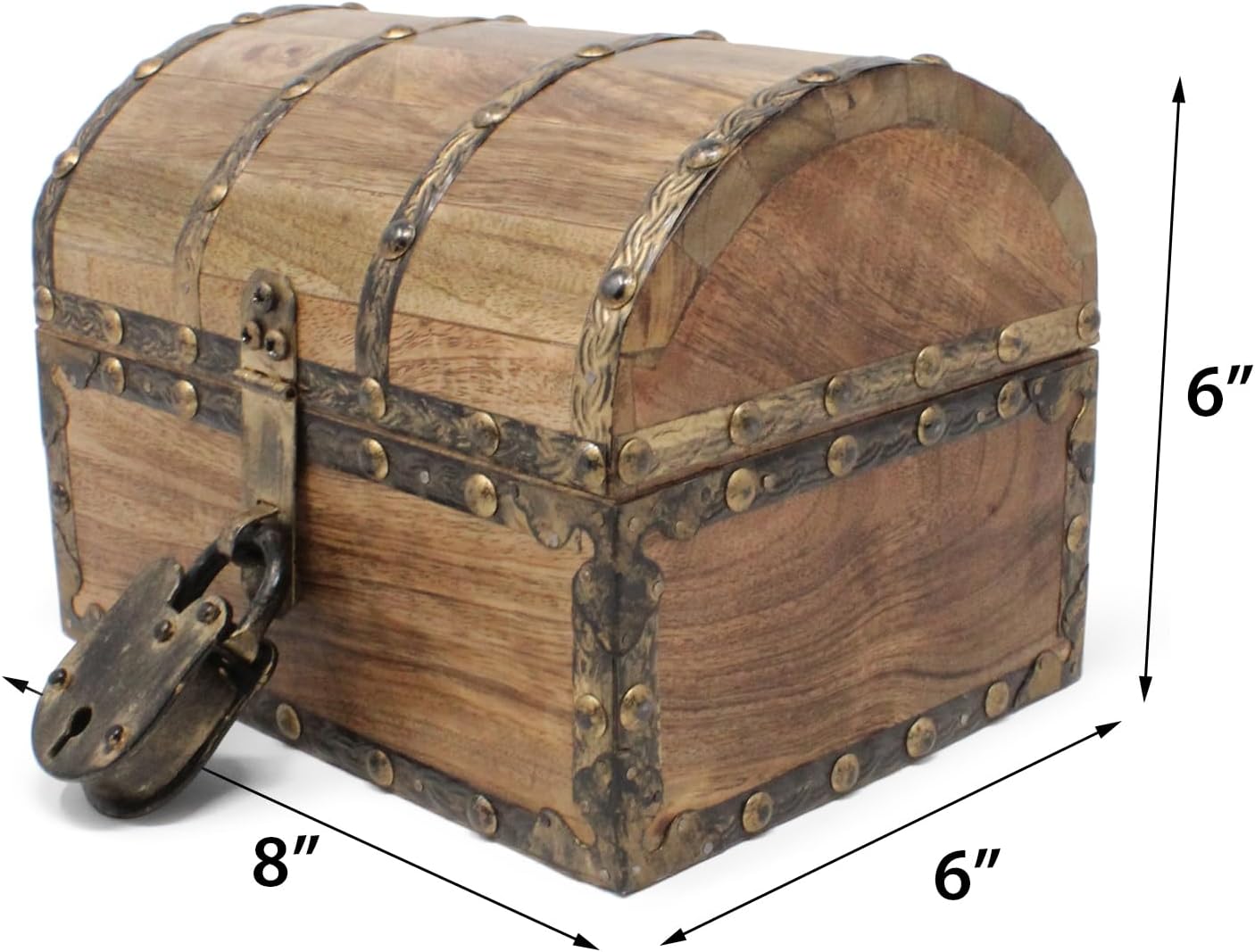 Nautical Cove Antique Finish Wood Treasure Chest with Decorative Rivets and Reinforcing Iron Strips with Lock and Skeleton Keys (Light Antique, Small 8x6x6) - Wooden Keepsake Box, Storage Chest