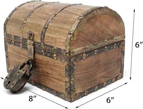 Miniatura 4 de Nautical Cove Cofre del tesoro de madera con acabado envejecido con remaches decorativos y tiras de hierro de refuerzo con cerradura y llaves de