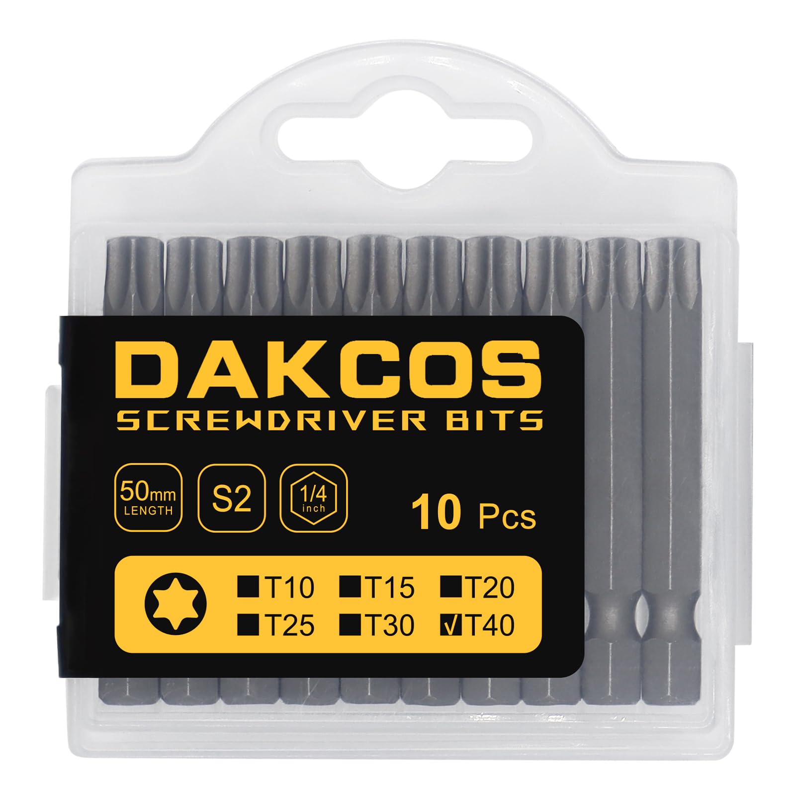 DAKCOS T40 Torx Impact Driver Bit Set, 10PCS 1/4" Screwdriver Bits, Premium S2 Alloy Steel, 50mm Long